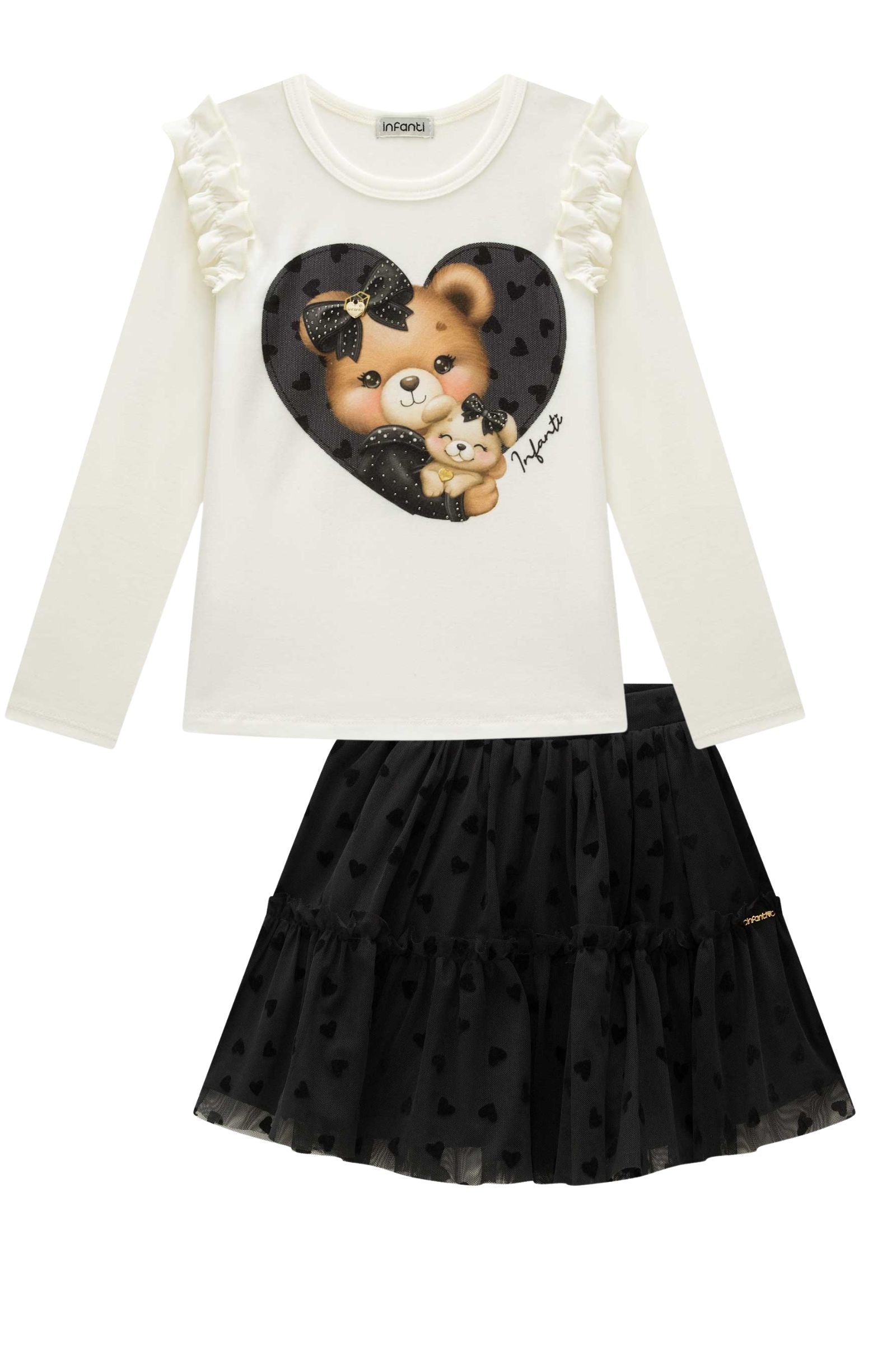 Conjunto de Blusa em Cotton e Saia em Tule Flocking Coração. Com Shorts Embutido 92371 Infanti Infantil Menina