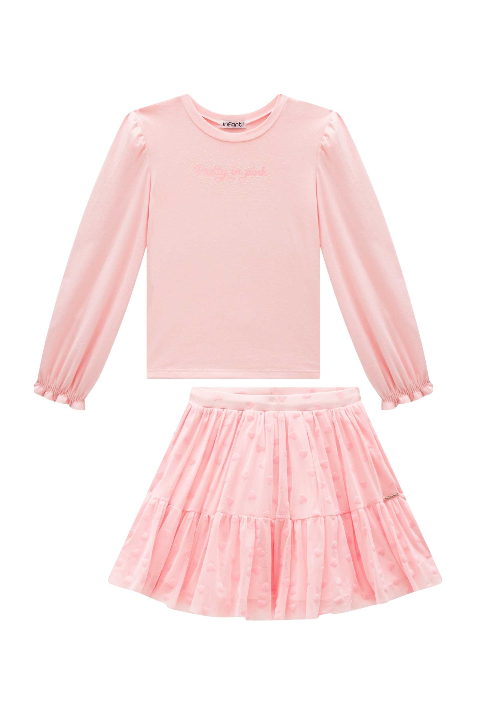 Conjunto de Blusa em Cotton e Saia em Tule Flocking Coração. Com Shorts Embutido 92373 Infanti Infantil Menina