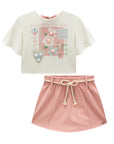 Conjunto de Blusa Boxy em Malha Fresh com Short Saia em Cotton Jeans 93389 Infanti Infantil Menina