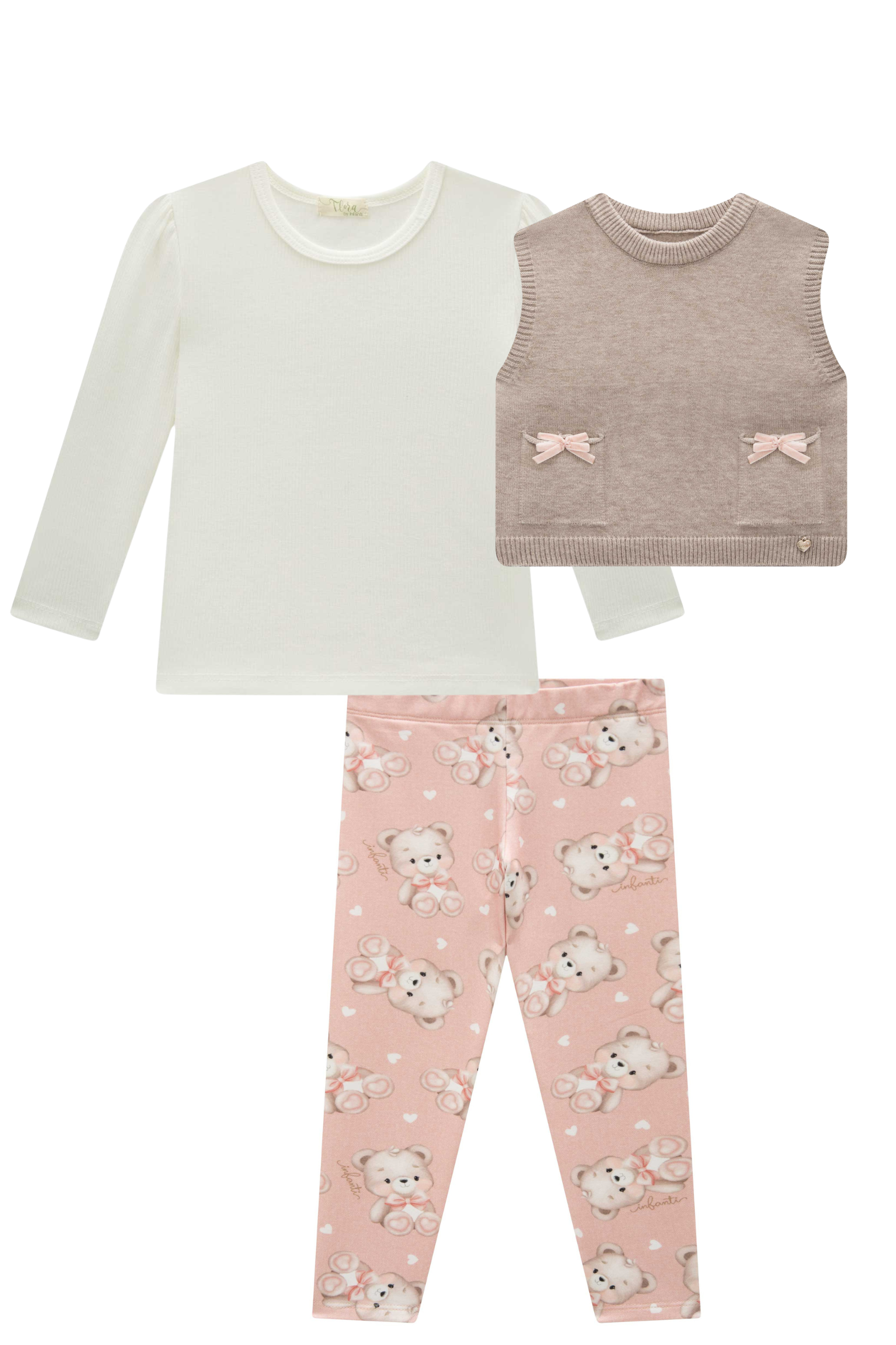 Trio de Blusa em Canelado com Colete em Tricot e Calça Legging em Molecotton 87539 Infanti Bebê Menina