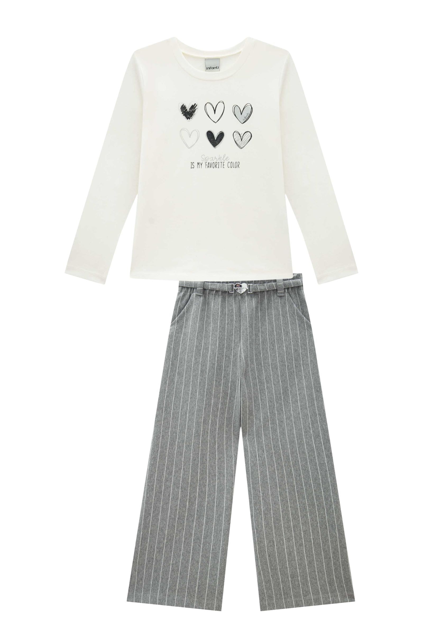 Conjunto de Blusa em Cotton e Calça em Malhão Listrado 90817 Infanti Infantil Menina