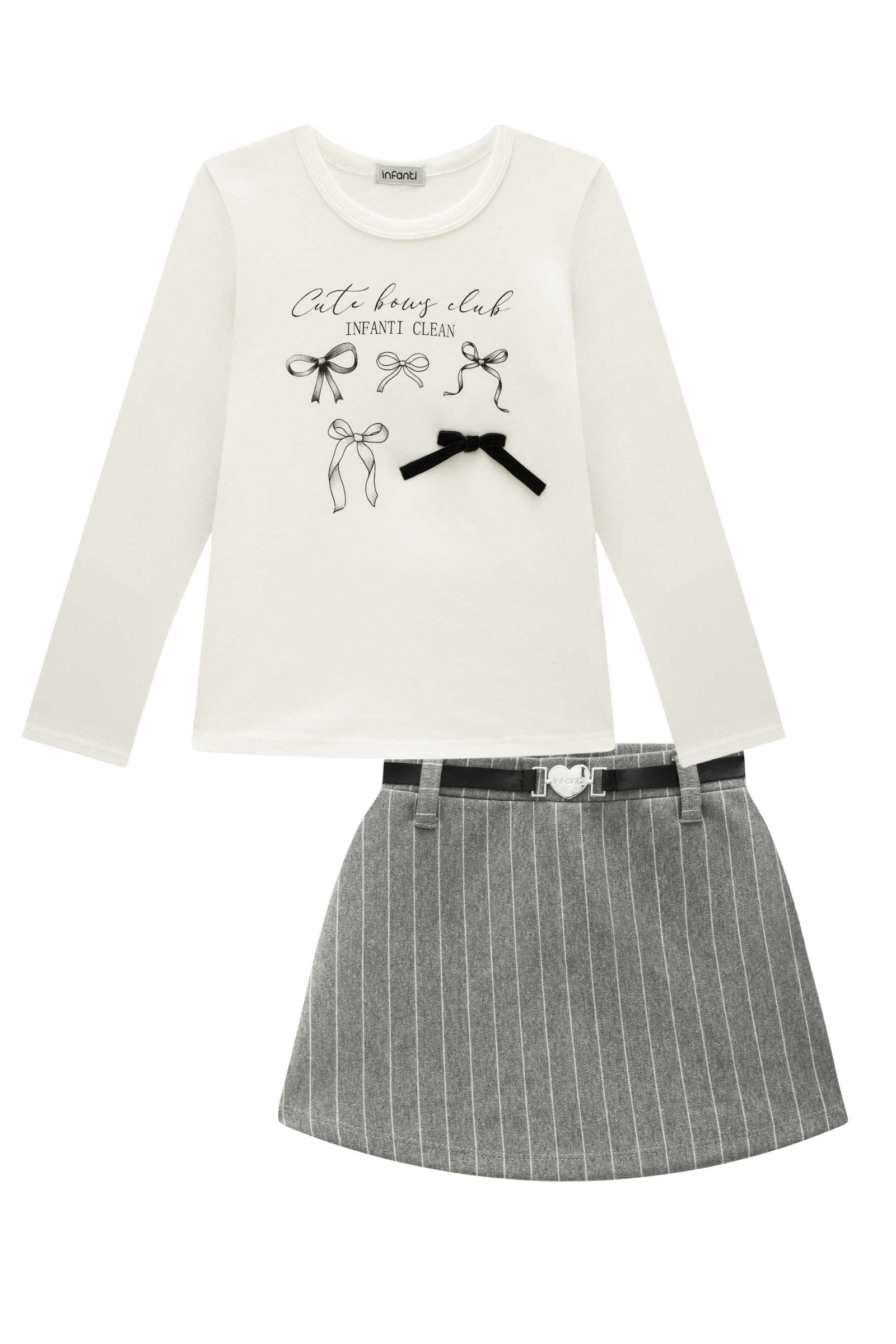 Conjunto de Blusa em Cotton e Short Saia em Malhão Listrado 92181 Infanti Infantil Menina