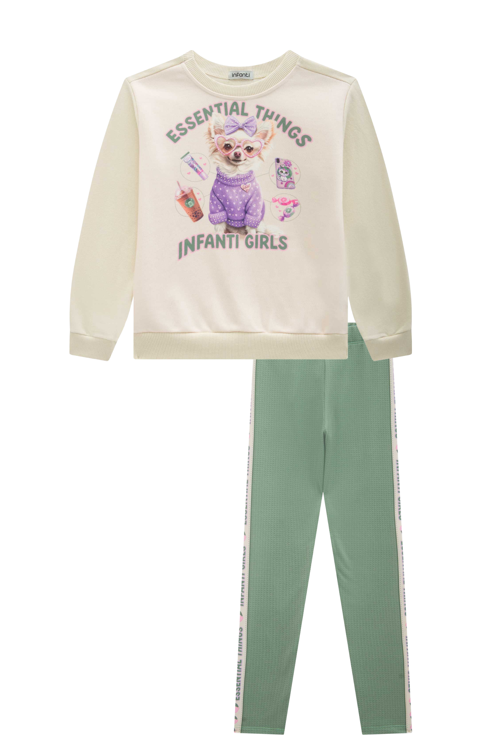 Conjunto de Blusão em Moletom com Pelúcia e Calça Legging em Termoskin Peluciado 90811 Infanti Infantil Menina