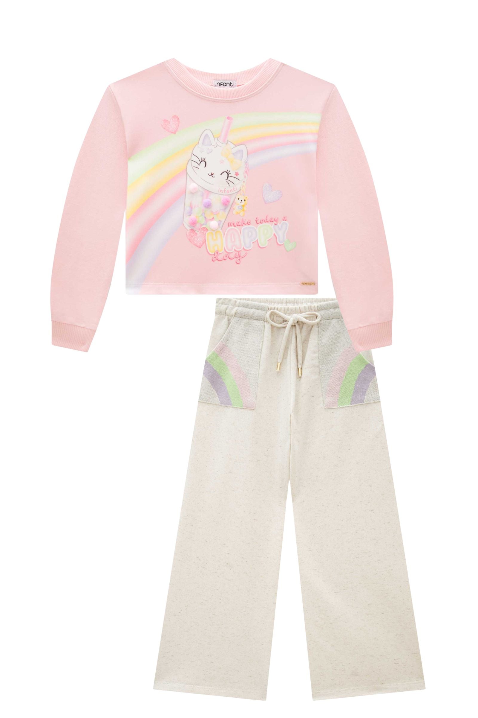 Conjunto de Blusão Boxy e Calça Wide Leg em Moletom sem Pelúcia 92618 Infanti Infantil Menina