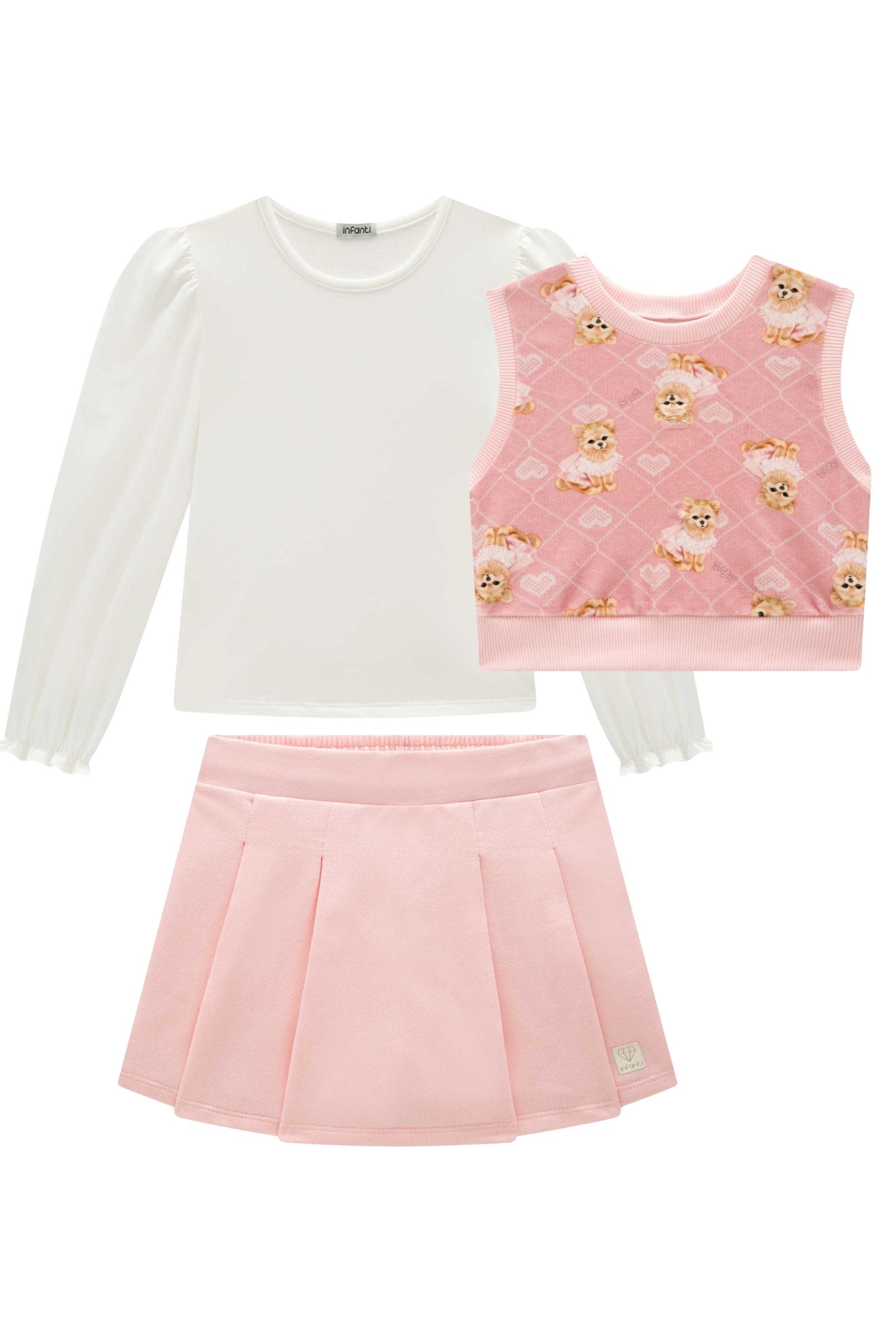 Trio de Blusa em Malha Comfy Colete em Fleece Luxo e Short Saia em Moletom sem Pelúcia 92556 Infanti Infantil Menina