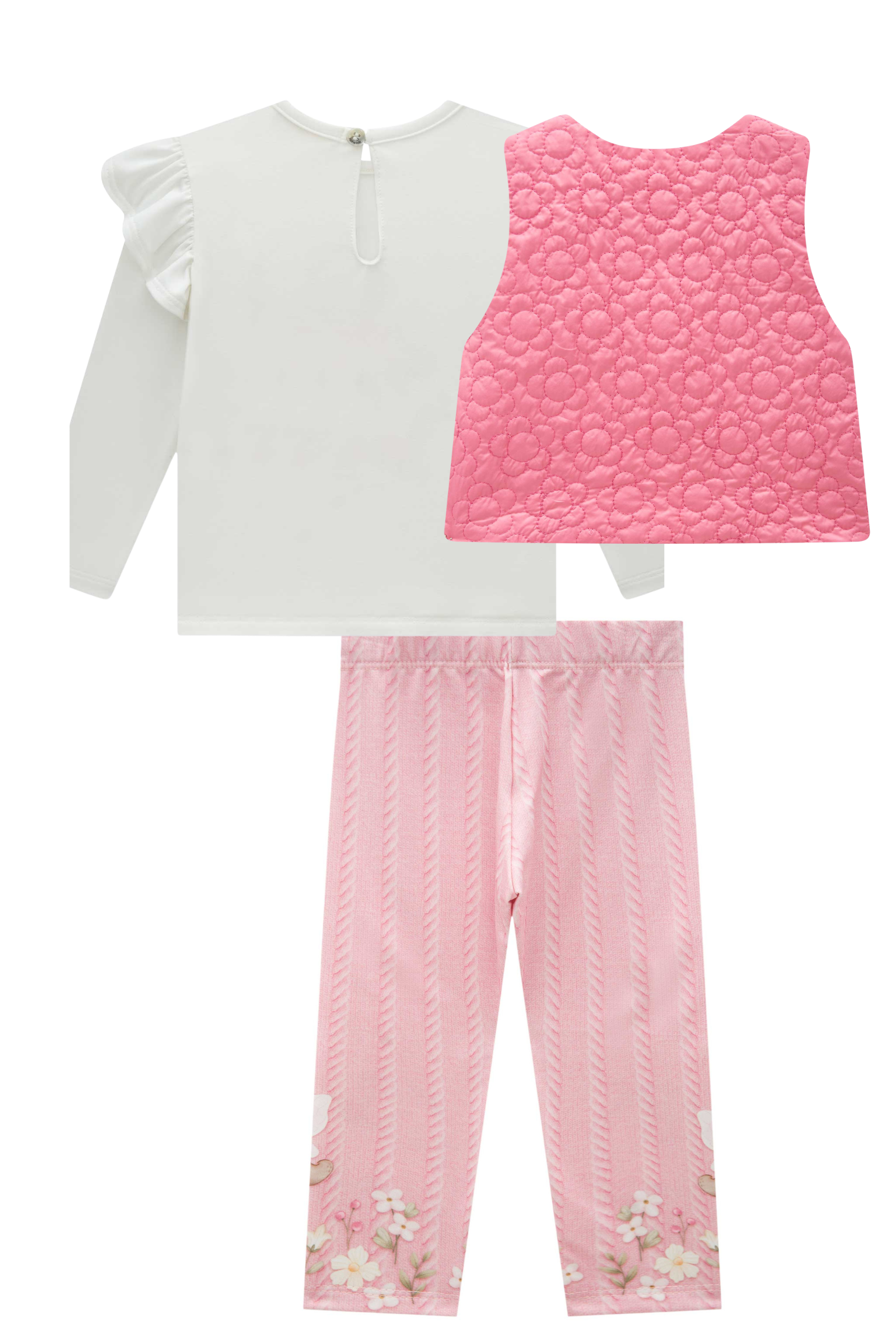 Trio de Colete em Matelassê Flores com Bata em Malha Comfy e Calça Legging em Termoskin Pel 90990 Infanti Bebê Menina
