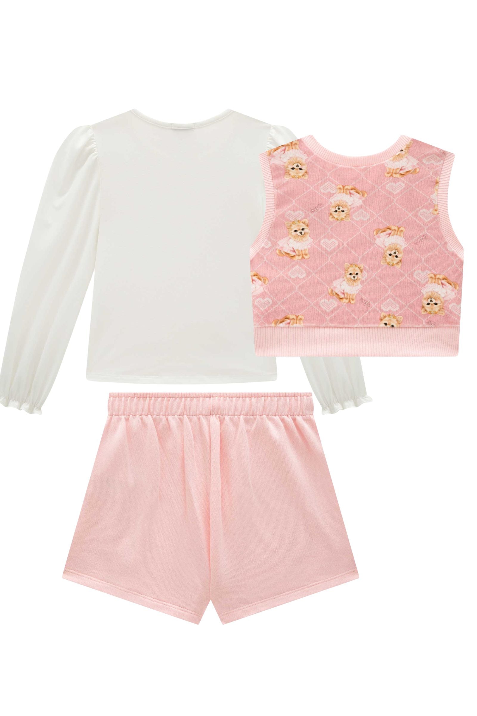Trio de Blusa em Malha Comfy Colete em Fleece Luxo e Short Saia em Moletom sem Pelúcia 92556 Infanti Infantil Menina