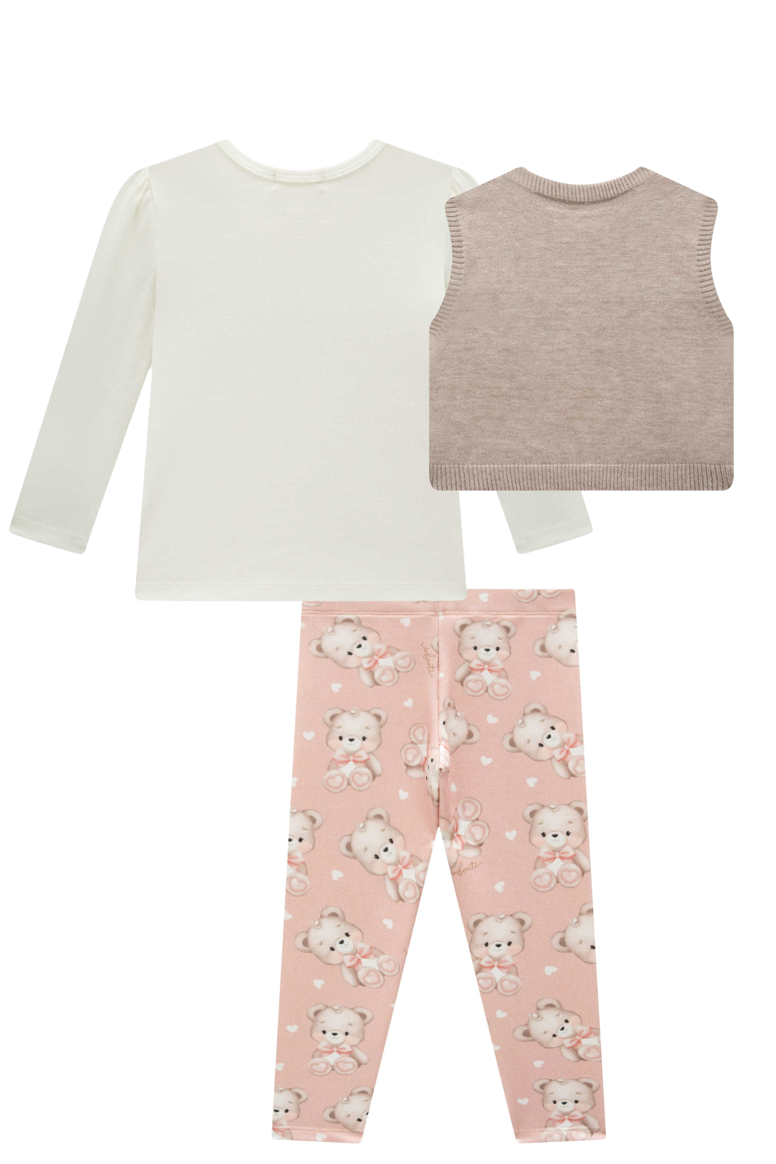 Trio de Blusa em Canelado com Colete em Tricot e Calça Legging em Molecotton 87539 Infanti Bebê Menina