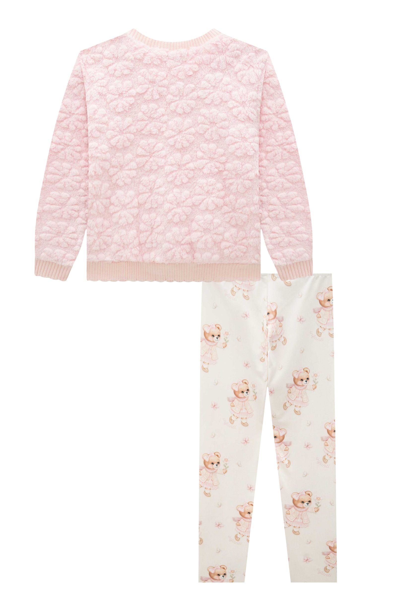 Conjunto de Blusão em Pelo Flores e Calça Legging em Termoskin Peluciado 92143 Infanti Infantil Menina