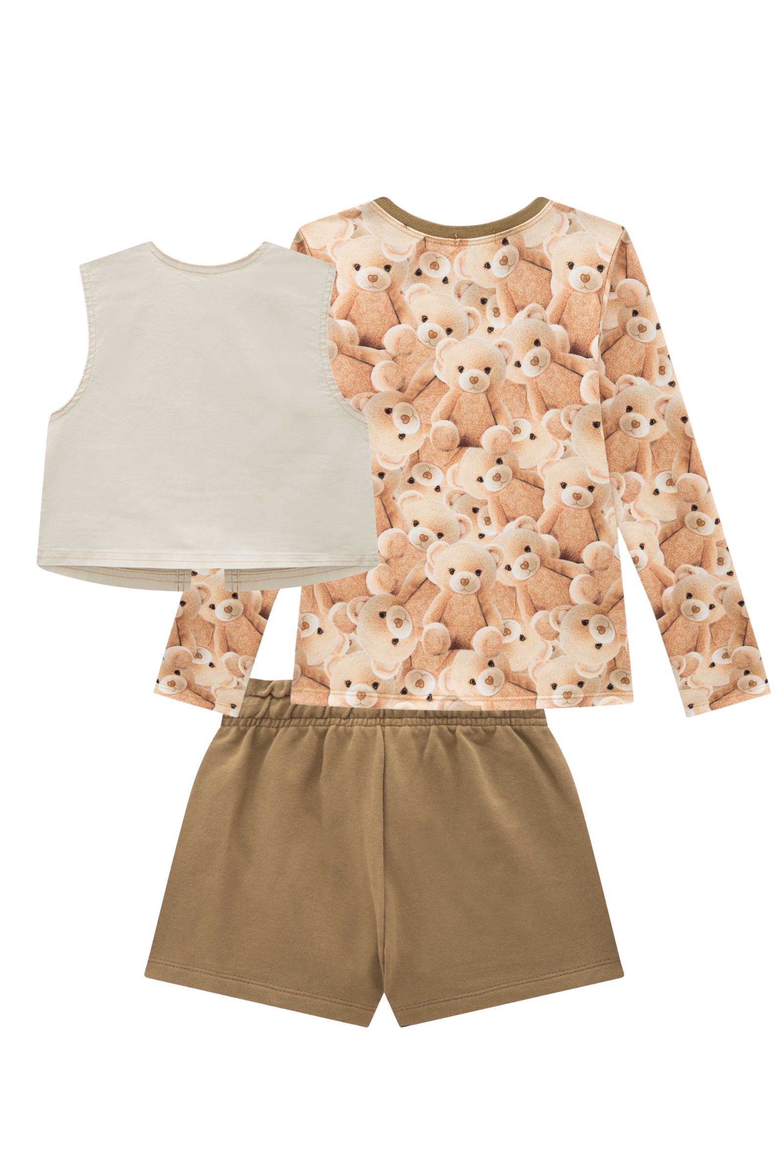 Trio de Blusa em Malha Power Colete em Sarja com Elastano e Shorts em Moletom sem Pelúcia 94230 Infanti Infantil Menina