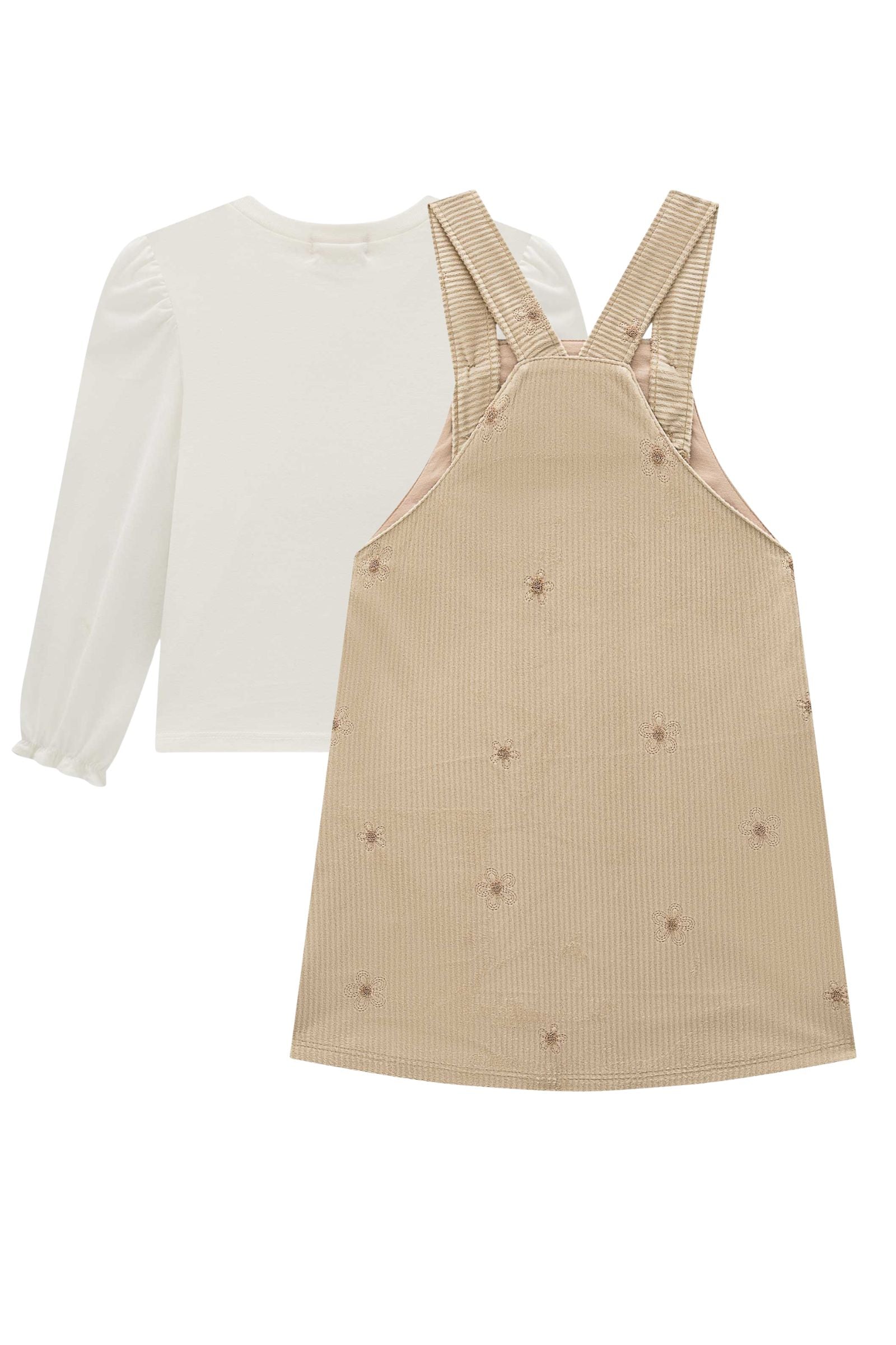 Conjunto de Blusa em Meia Malha com Salopete em Malha Veludo Cotelê Bordado 93486 Infanti Infantil Menina