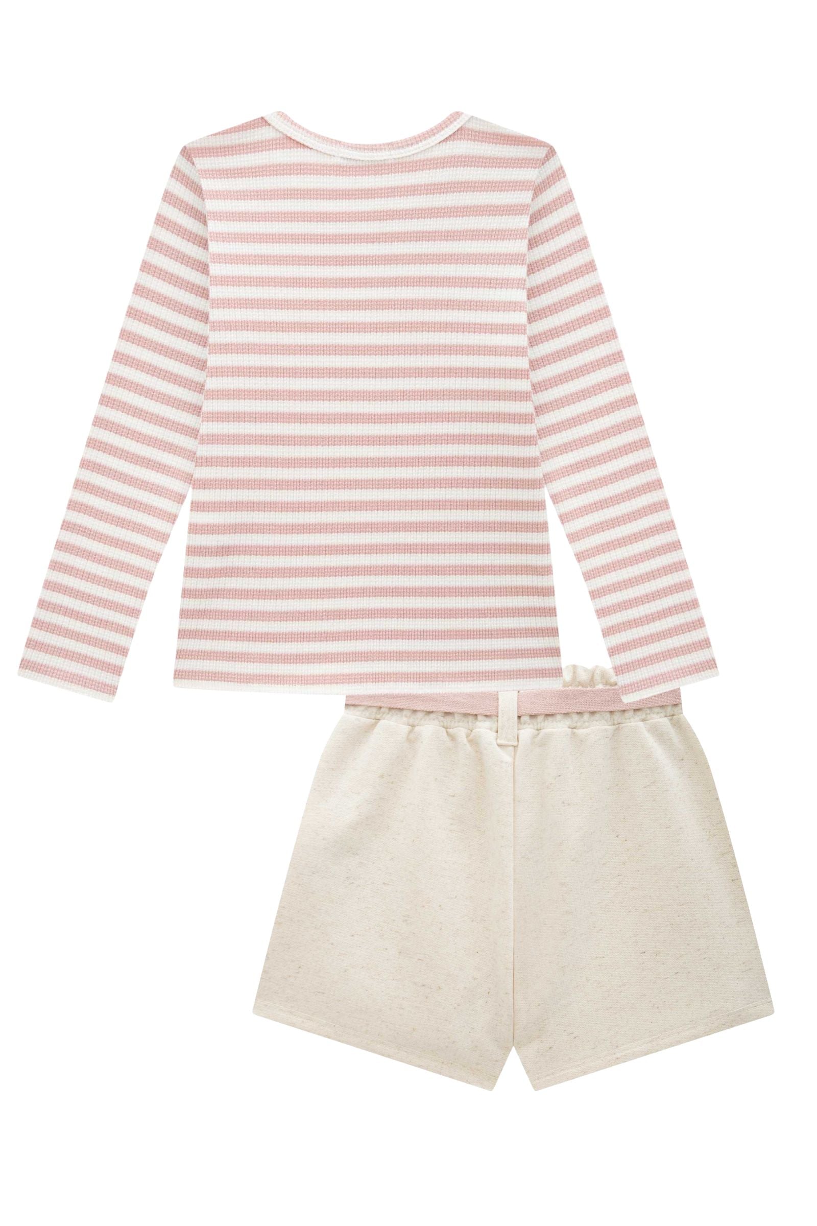 Conjunto de Blusa em Malha Waffle Listrada e Short Saia em Moletom Linho sem Pelúcia 91926 Infanti Infantil Menina