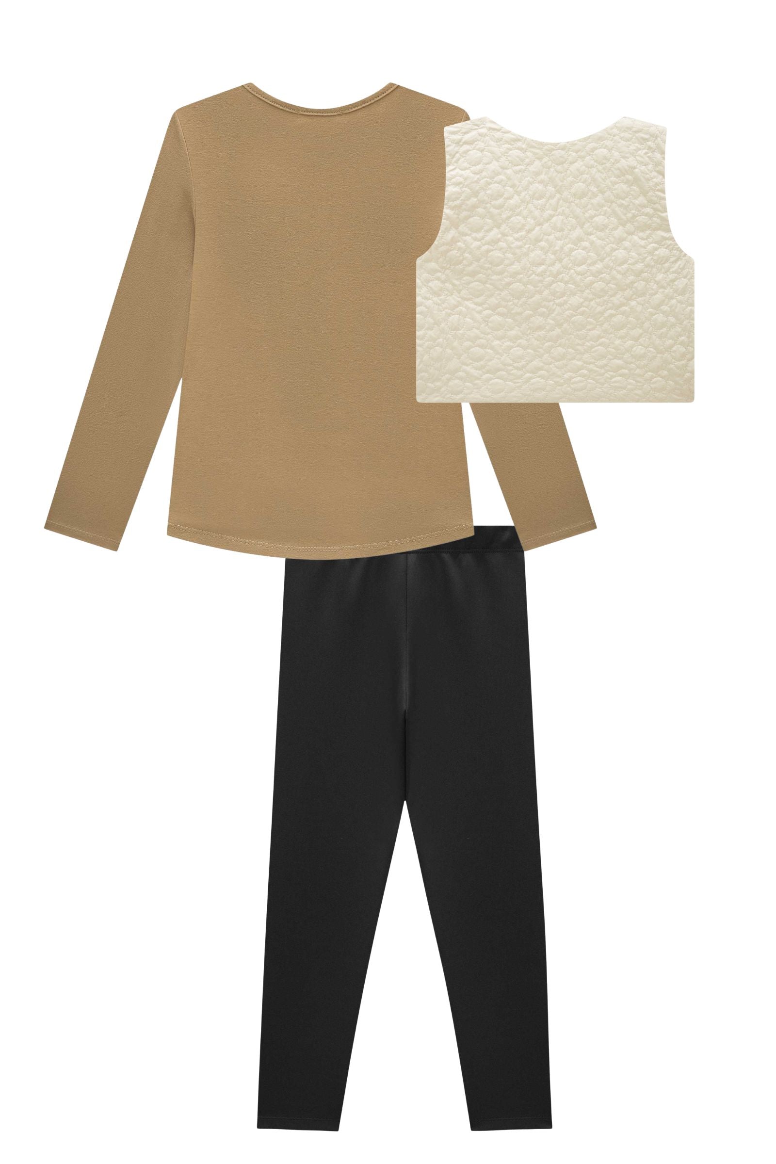 Trio de Blusa Alongada em Cotton Colete em Matelassê Flores e Calça Legging em Fly Tech 94209 Infanti Infantil Menina