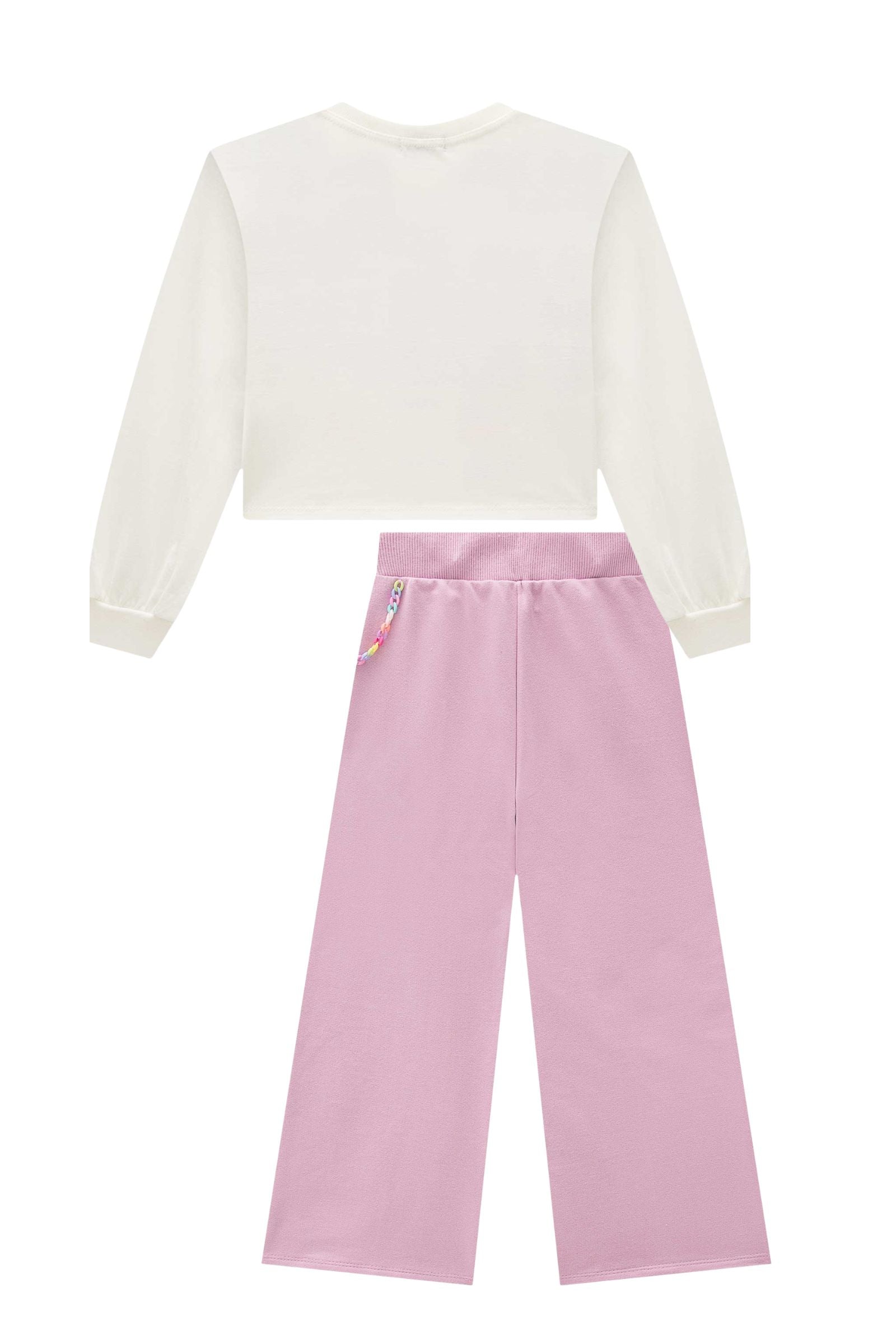 Conjunto de Blusa Boxy em Meia Malha e Calça Wide Leg em Moletom sem Pelúcia 91814 Infanti Infantil Menina