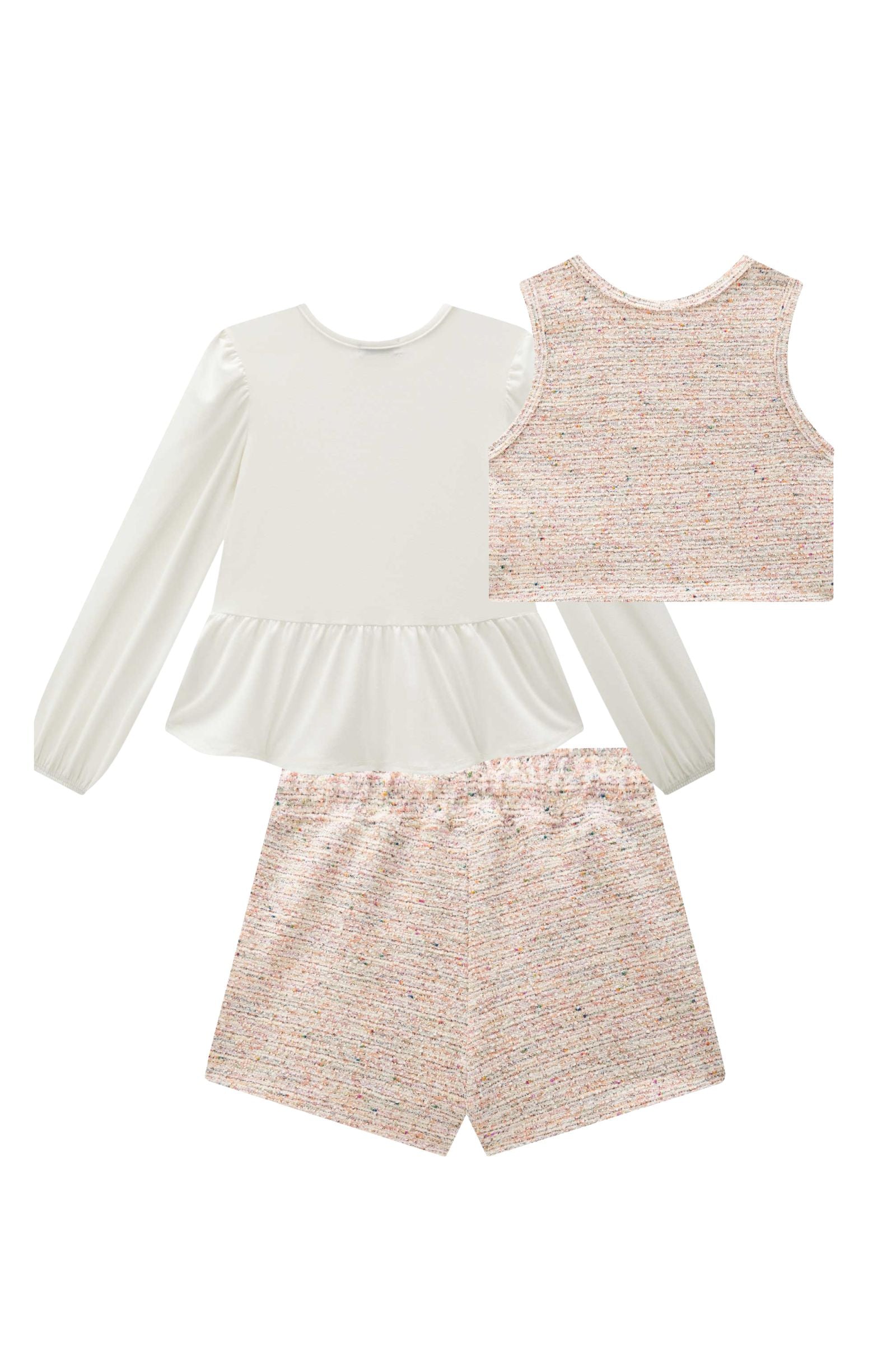 Trio de Blusa em Malha Comfy Colete e Short Saia em Malha Tweed