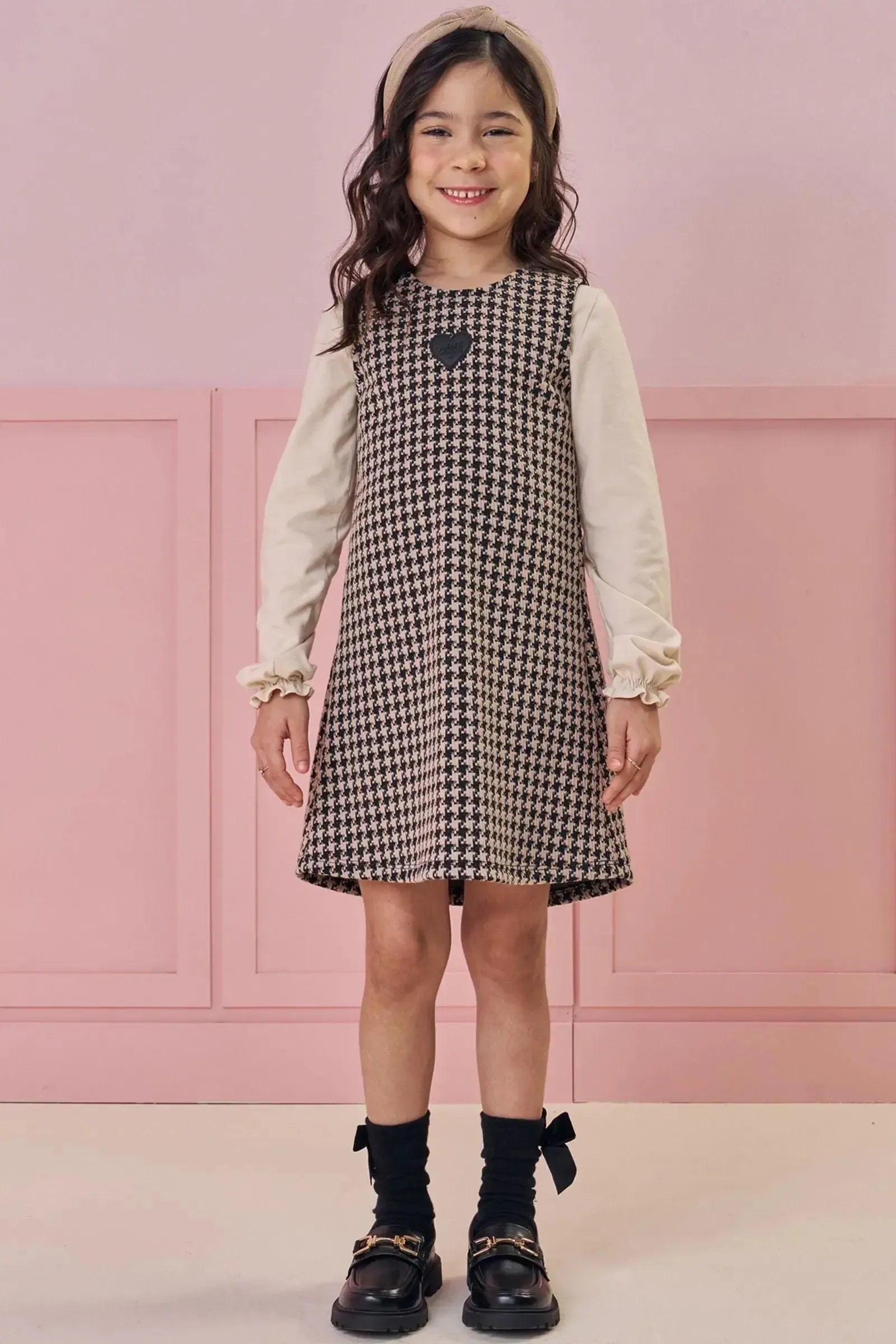 Vestido em Malha Jacquard Pied de Poule e Blusa em Cotton 92084 Kukiê Infantil Menina