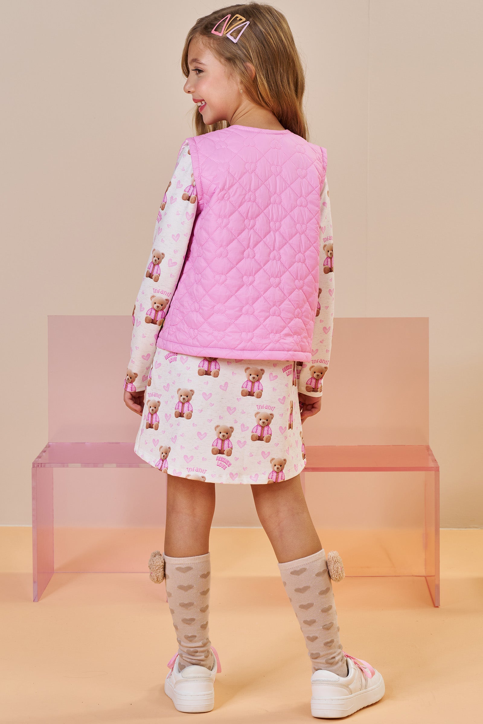 Conjunto de Vestido em Termoskin Peluciado e Colete em Matelassê de Coração 92603 Infanti Infantil Menina