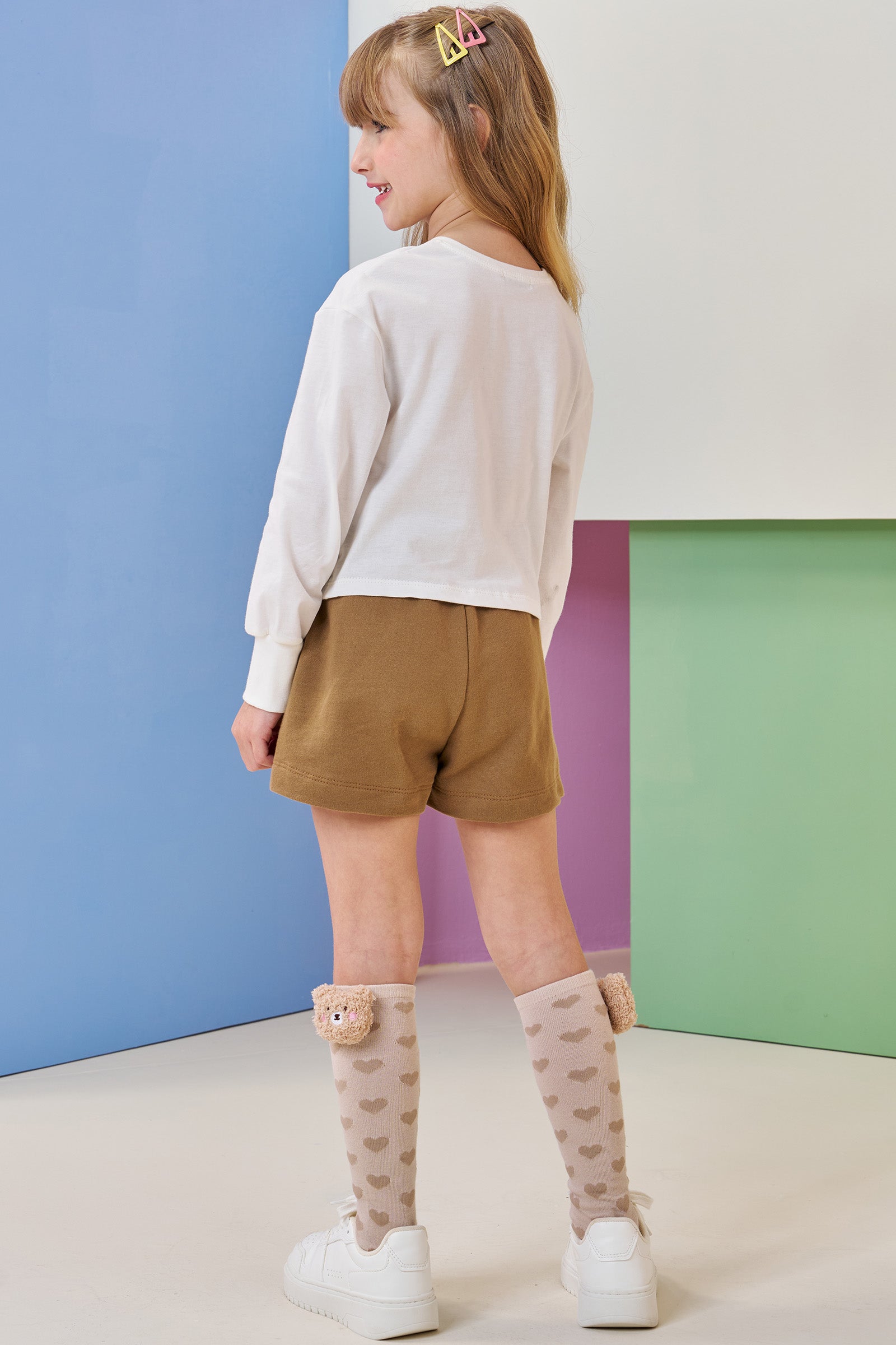 Conjunto de Blusa Boxy em Meia Malha e Shorts em Moletom sem Pelúcia 92631 Infanti Infantil Menina