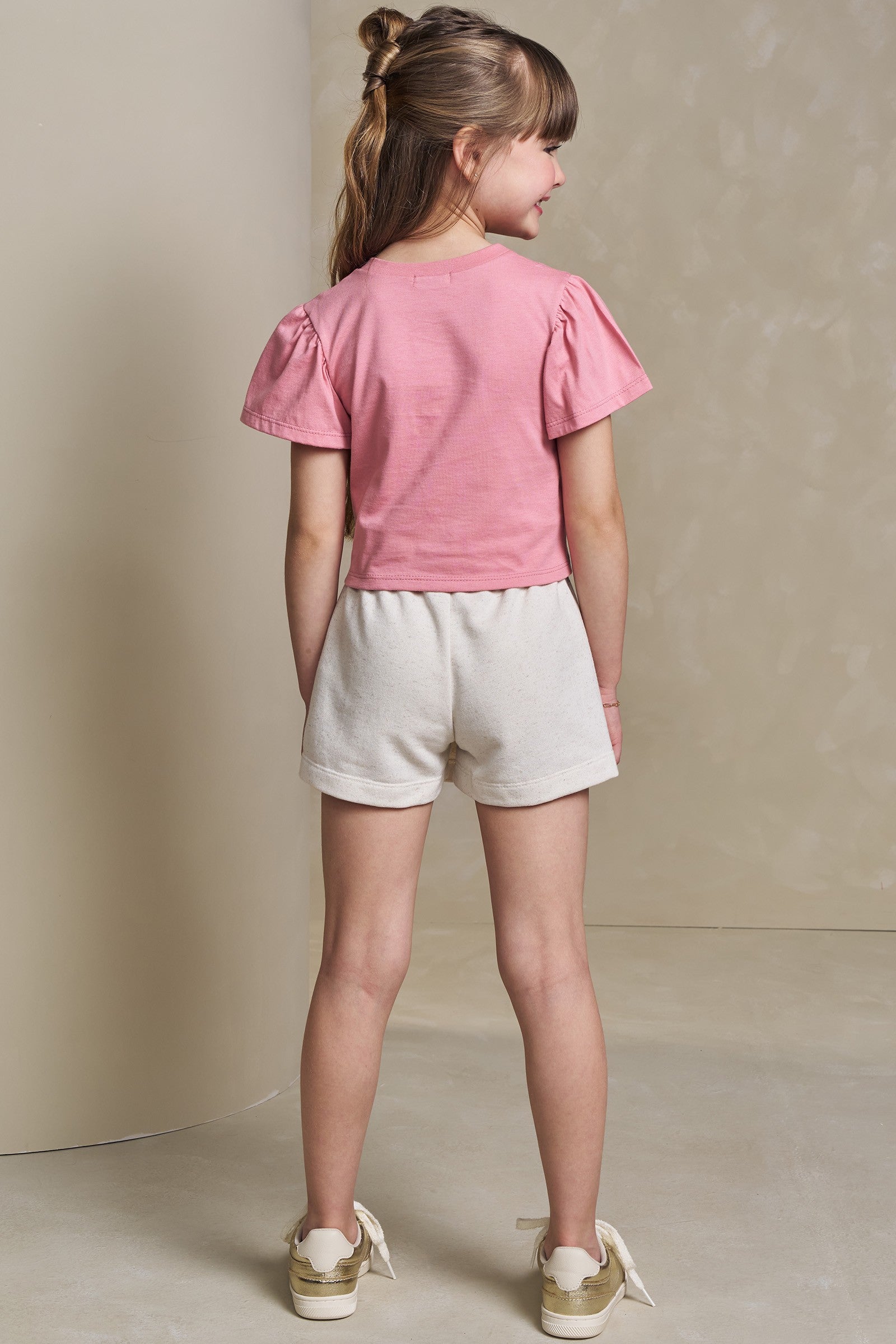 Conjunto de Blusa Boxy em Meia Malha e Short Saia em Moletom Linho sem Pelúcia 93242 Infanti Infantil Menina