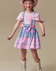Vestido em Fly Tech e Nylon em Delicado Mix de Azul e Rosa com Coração Bordado em Tule. Um Traje Caipira Chic e Encantador Da Infanti. 97507 Infanti Infantil Menina