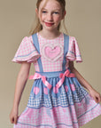 Vestido em Fly Tech e Nylon em Delicado Mix de Azul e Rosa com Coração Bordado em Tule. Um Traje Caipira Chic e Encantador Da Infanti. 97507 Infanti Infantil Menina