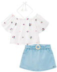 Conjunto de Bata Boxy em Viscose Bordada Flores com Short Saia em Jeans Bellini 74050 Infanti