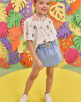 Conjunto de Bata Boxy em Viscose Bordada Flores com Short Saia em Jeans Bellini 74050 Infanti