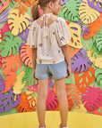 Conjunto de Bata Boxy em Viscose Bordada Flores com Short Saia em Jeans Bellini 74050 Infanti