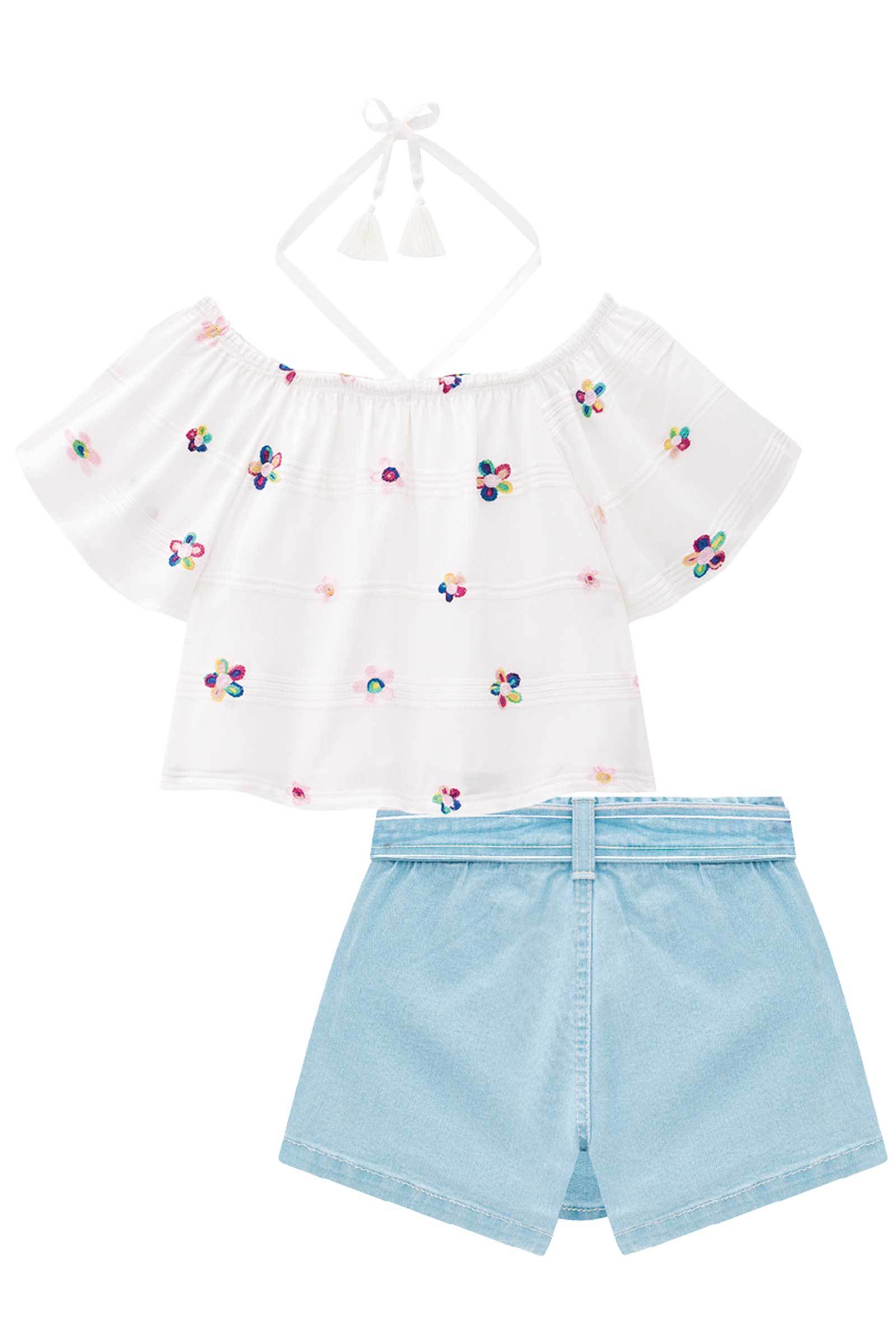 Conjunto de Bata Boxy em Viscose Bordada Flores com Short Saia em Jeans Bellini 74050 Infanti