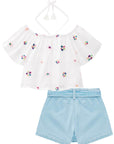 Conjunto de Bata Boxy em Viscose Bordada Flores com Short Saia em Jeans Bellini 74050 Infanti