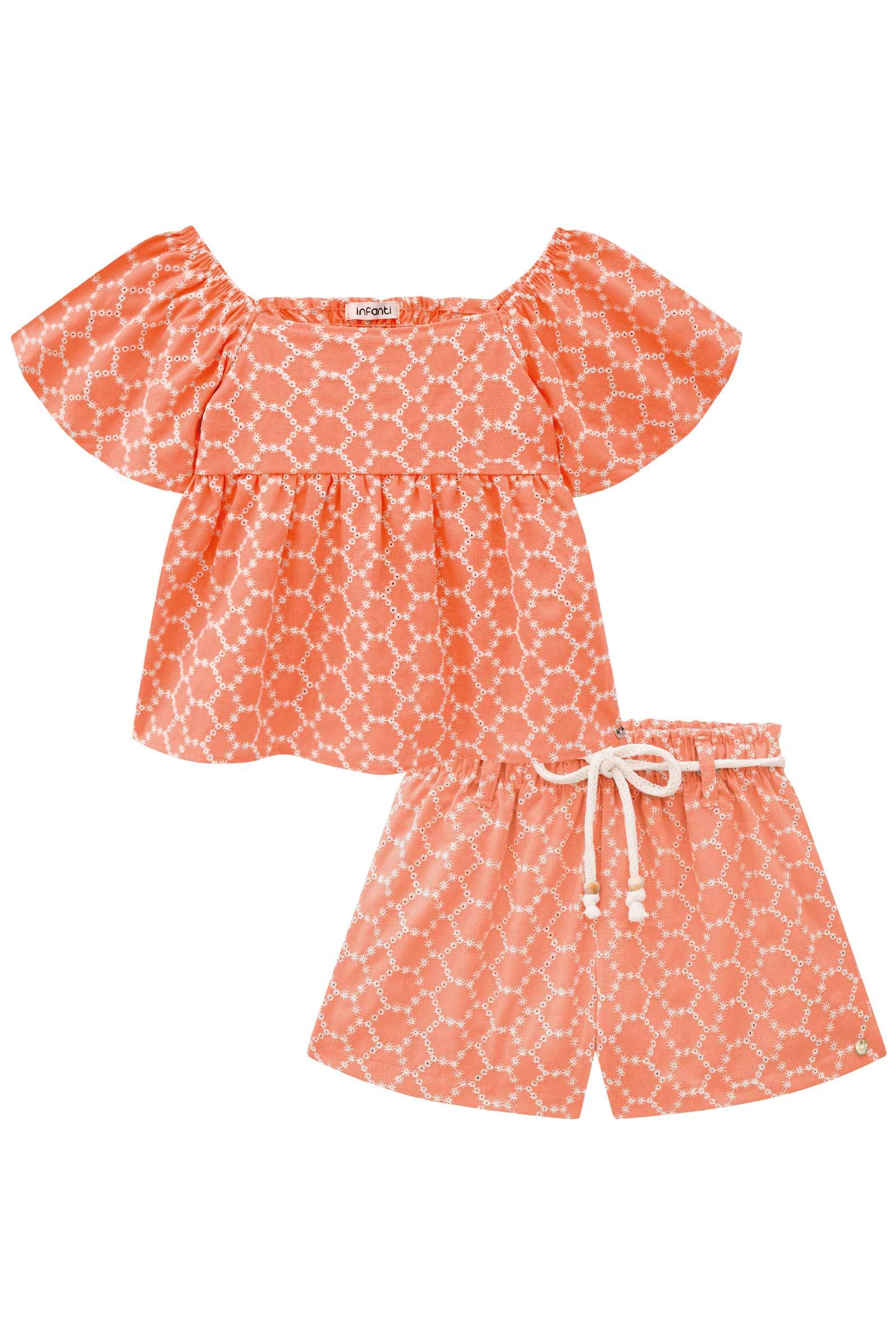 Conjunto de Bata e Shorts em Linho Bordado Dolce 74228 Infanti