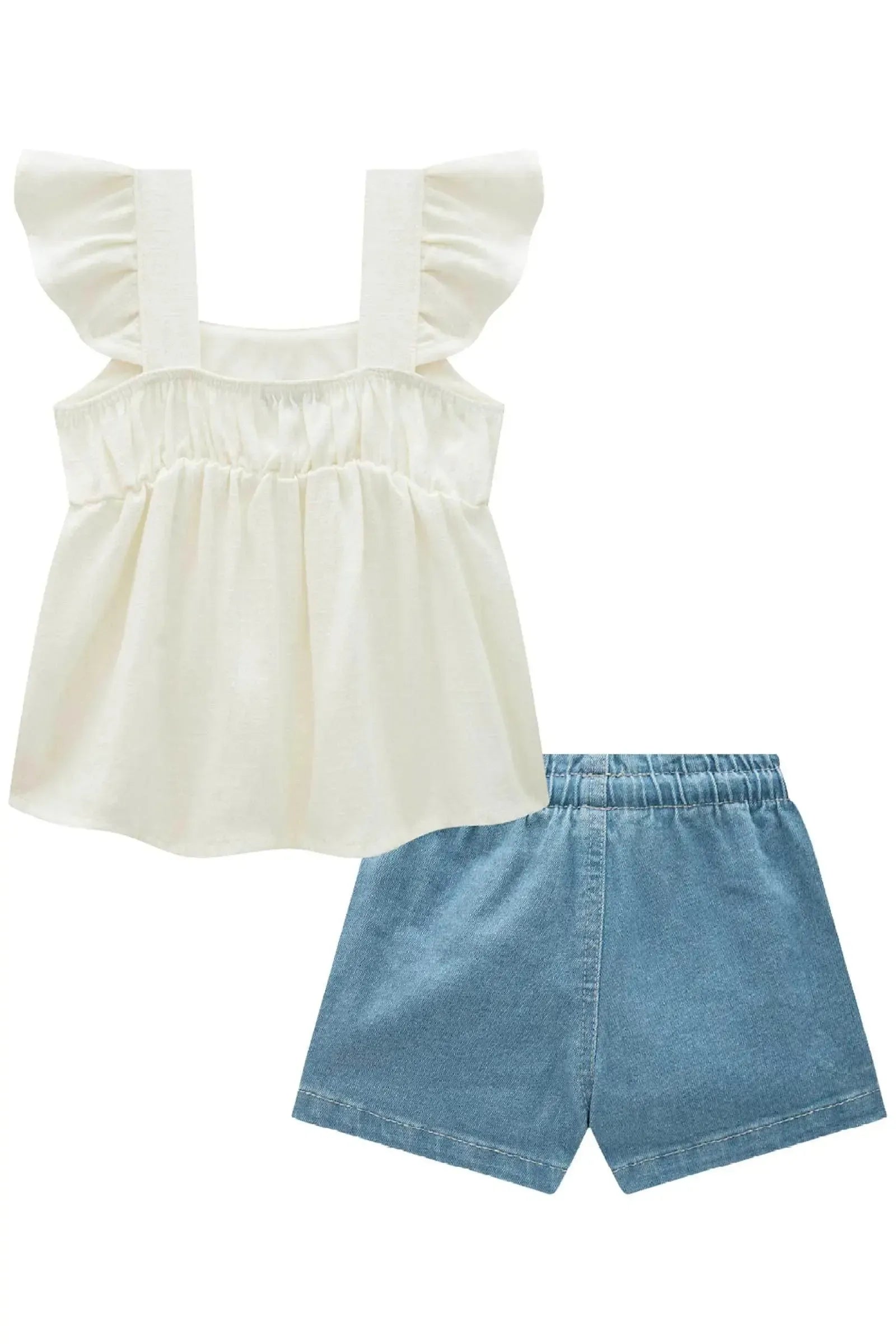 Conjunto de Bata em Blend de Linho e Shorts em Jeans com Elastano 87021 Infanti Bebê Menina