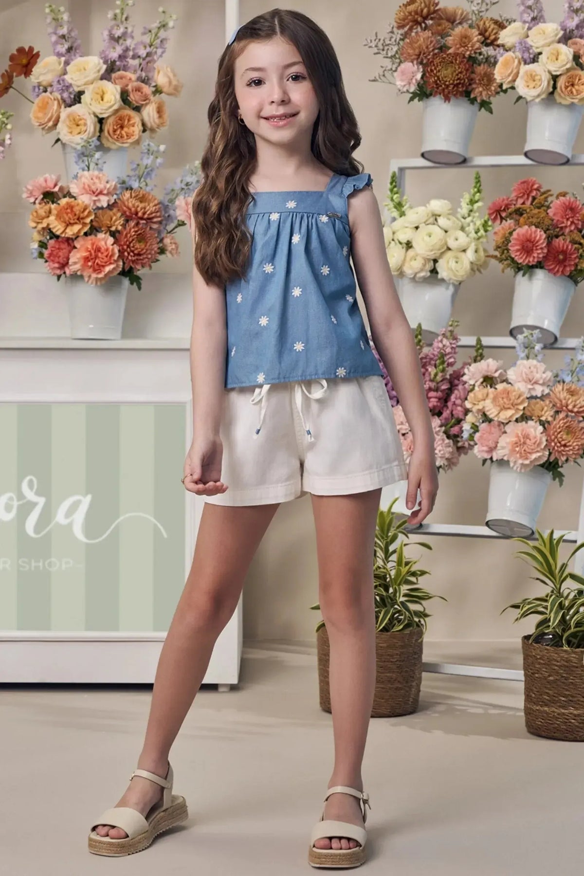 Conjunto de Bata em Denim Bordado e Shorts em Sarja com Elastano 98120 Infanti Infantil Menina