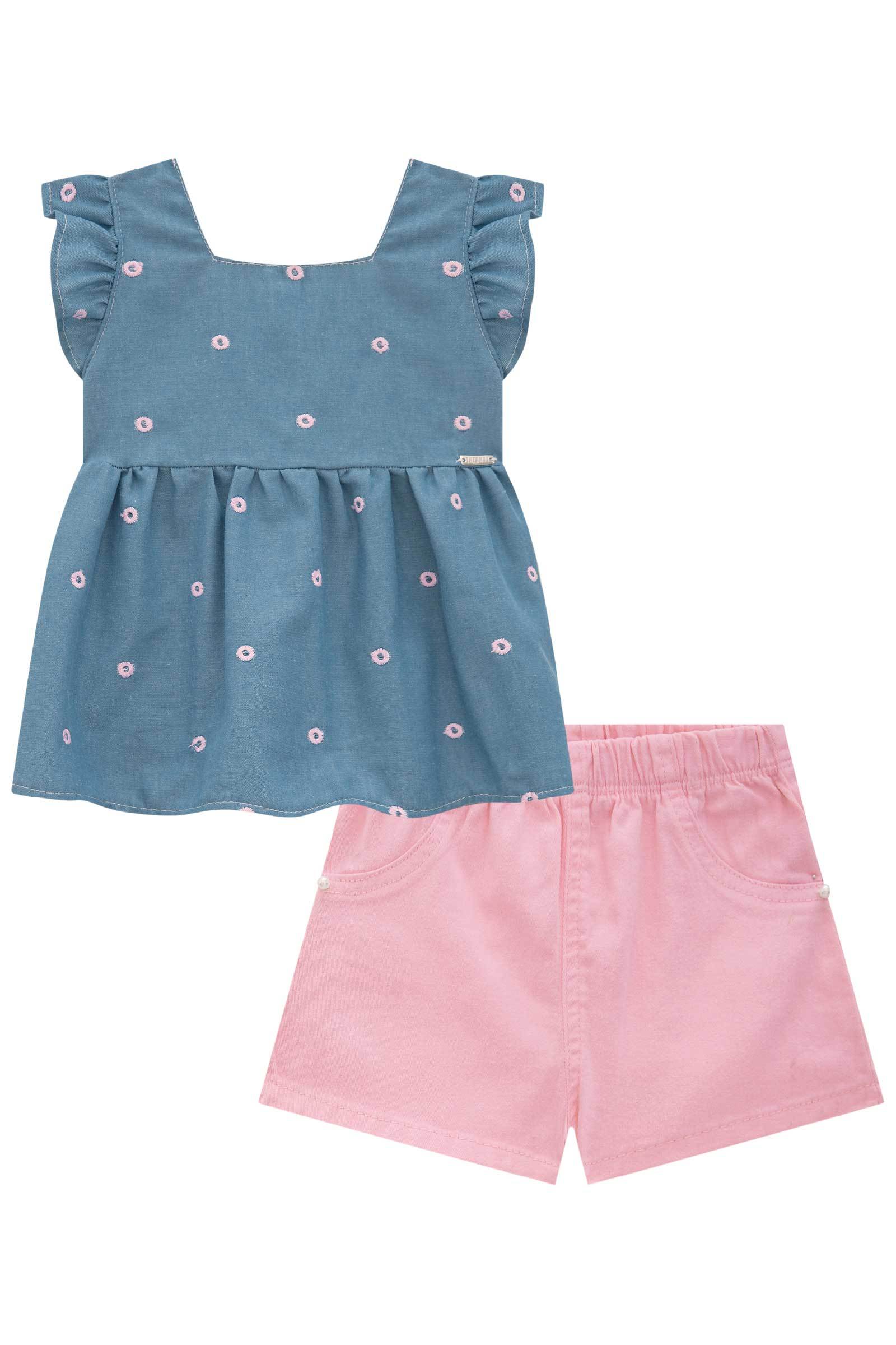 Conjunto de Bata em Jeans Bordado com Shorts em Sarja Onix com Elastano 78219 Infanti