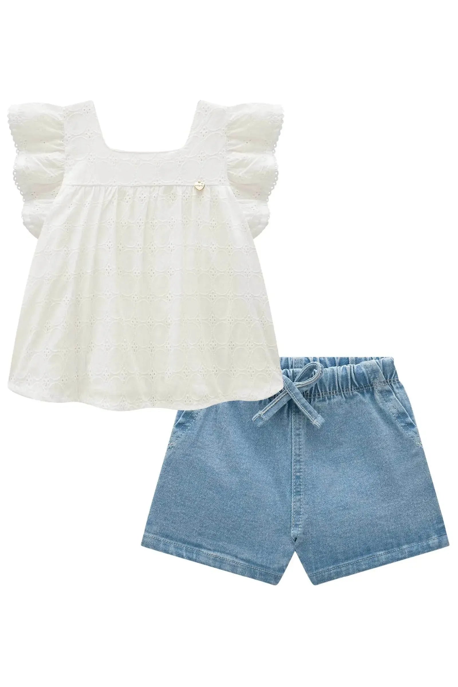 Conjunto de Bata em Laise Algodão e Shorts em Jeans com Elastano 83960 Infanti Bebê Menina