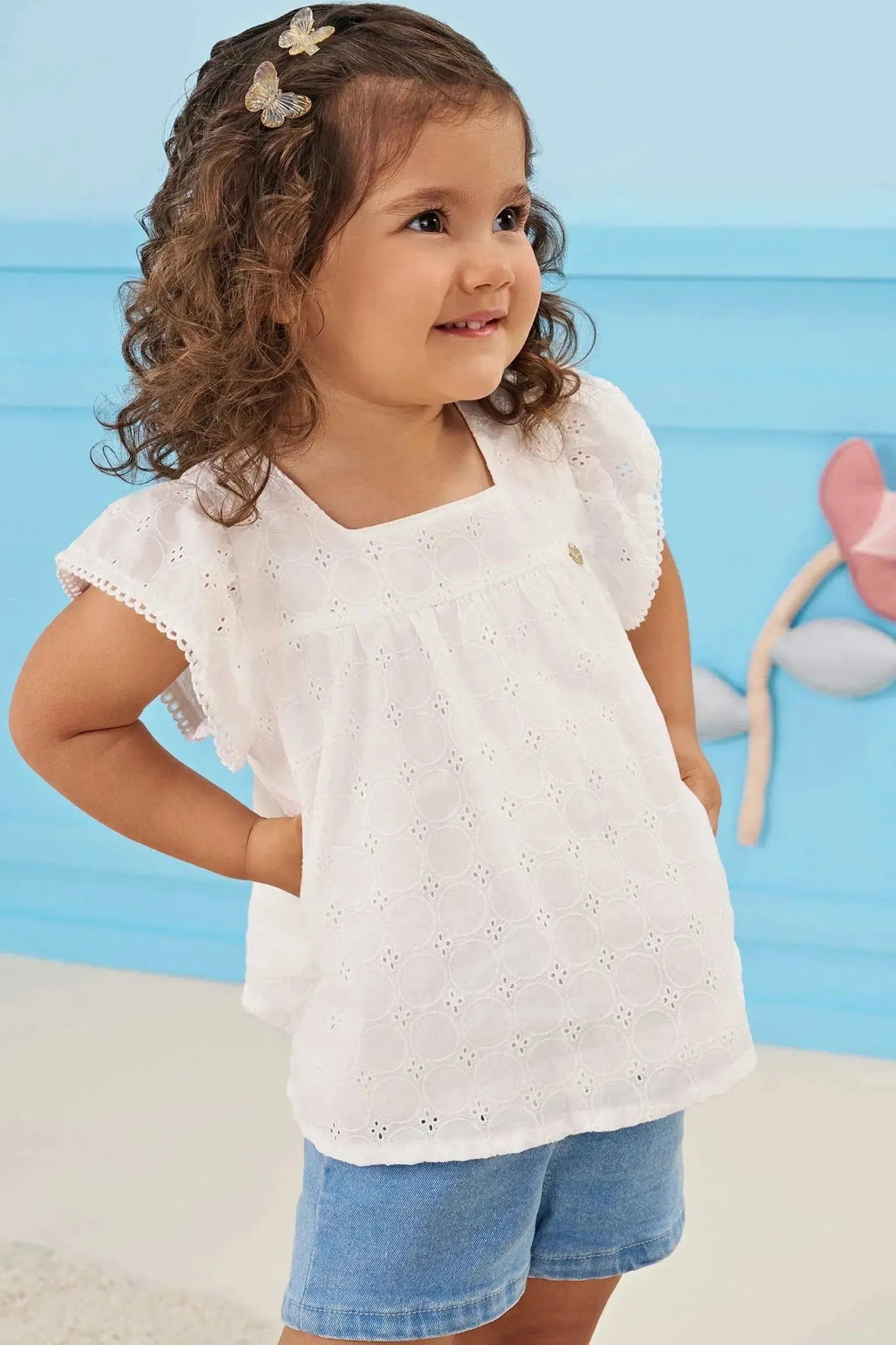 Conjunto de Bata em Laise Algodão e Shorts em Jeans com Elastano 83960 Infanti Bebê Menina