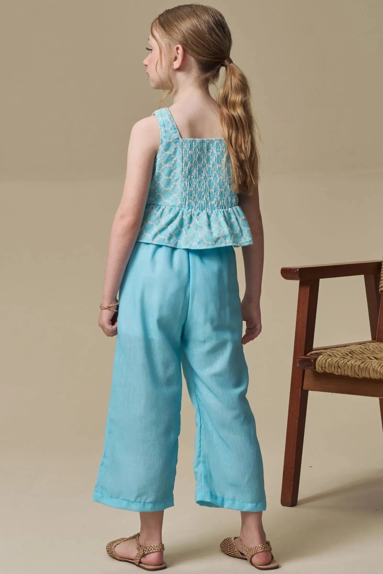 Conjunto de Bata em Linho Bordado e Calça Mariner em Tecido Linho 97017 Infanti Infantil Menina