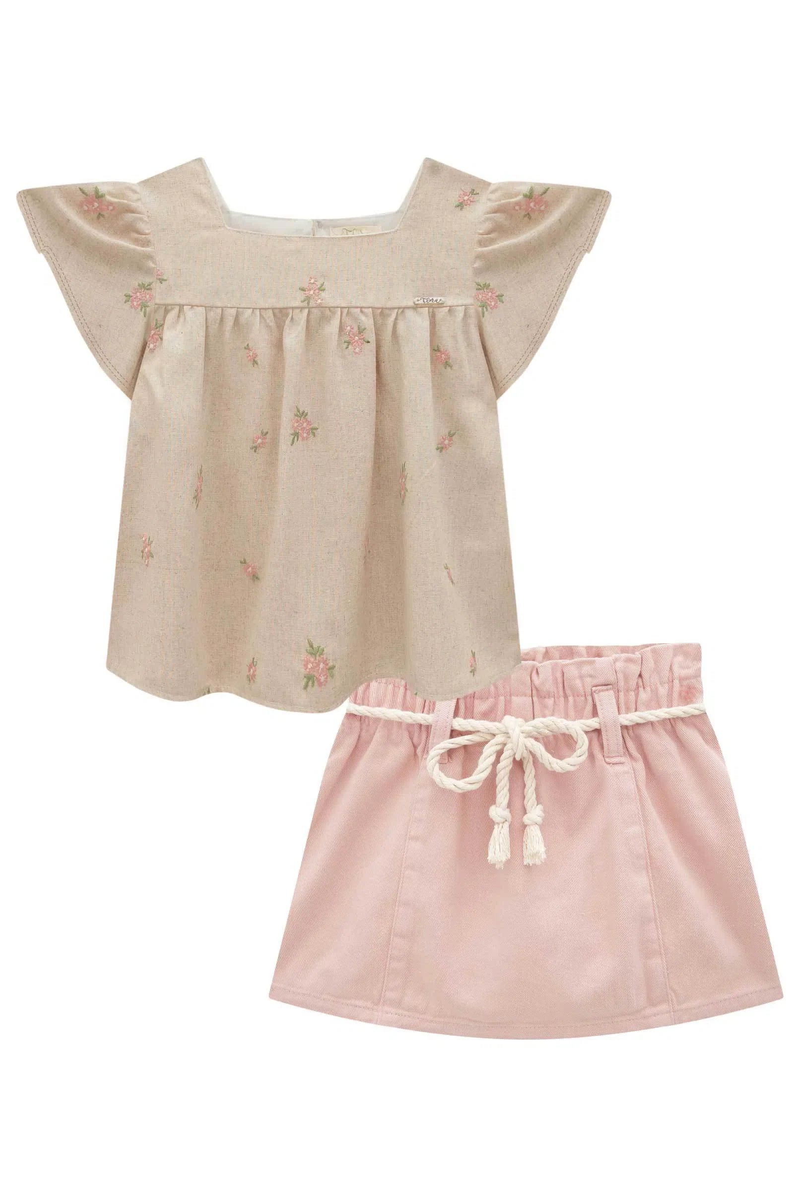 Conjunto de Bata em Linho Bordado Flores e Short Saia em Sarja com Elastano 82170 Infanti