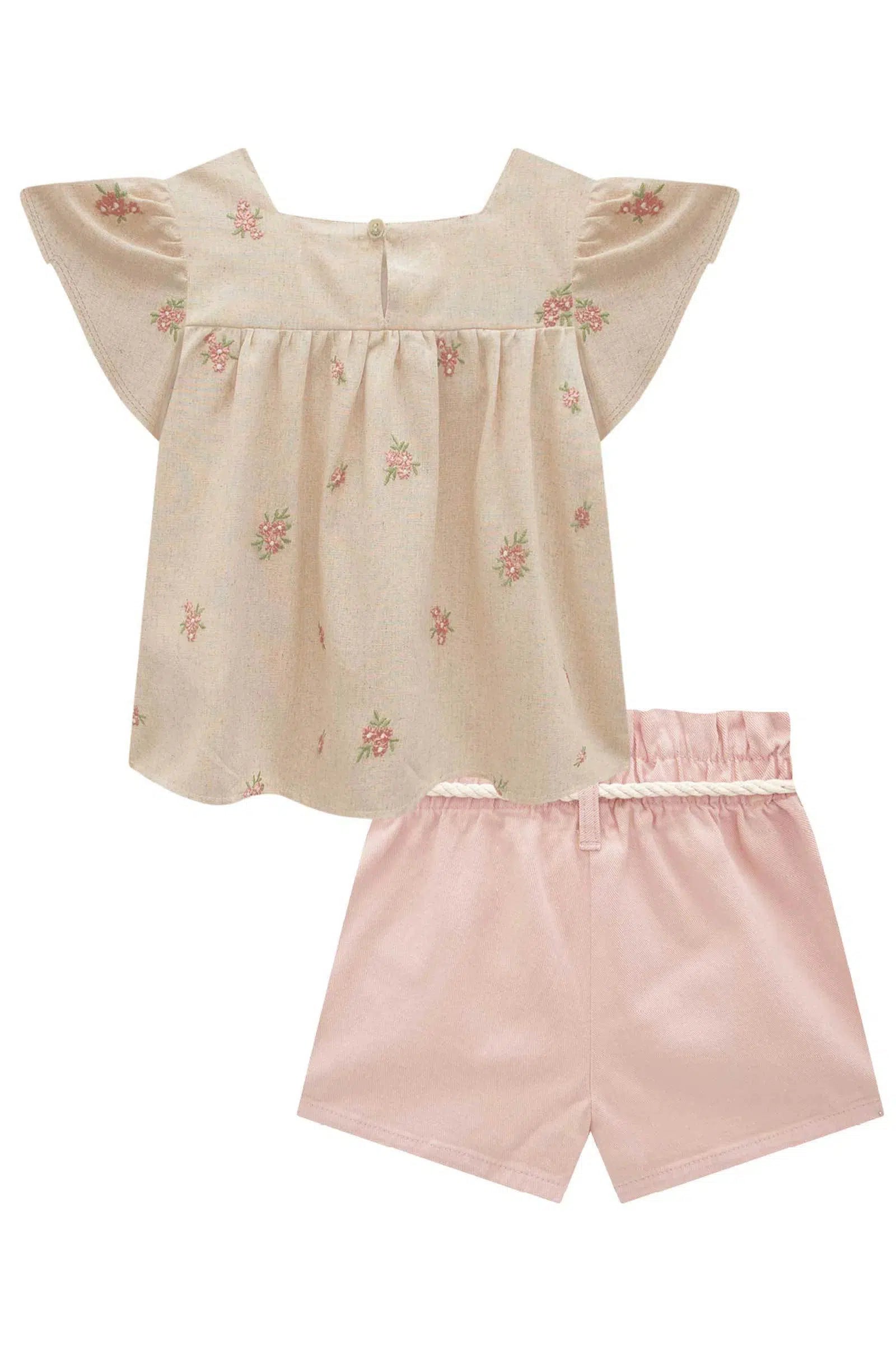 Conjunto de Bata em Linho Bordado Flores e Short Saia em Sarja com Elastano 82170 Infanti