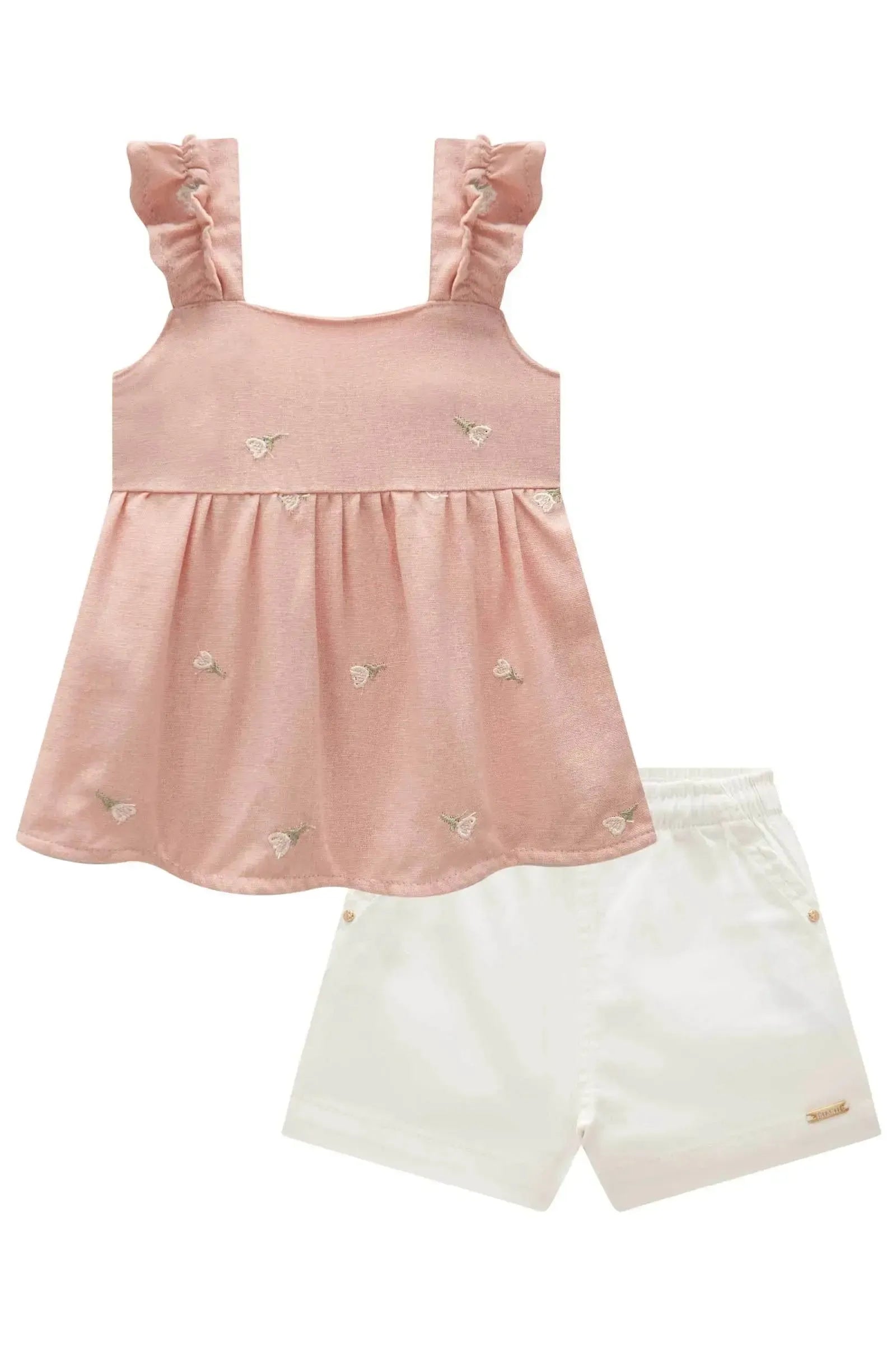 Conjunto de Bata em Linho Bordado Flores e Shorts em Sarja com Elastano 83947 Infanti Bebê Menina