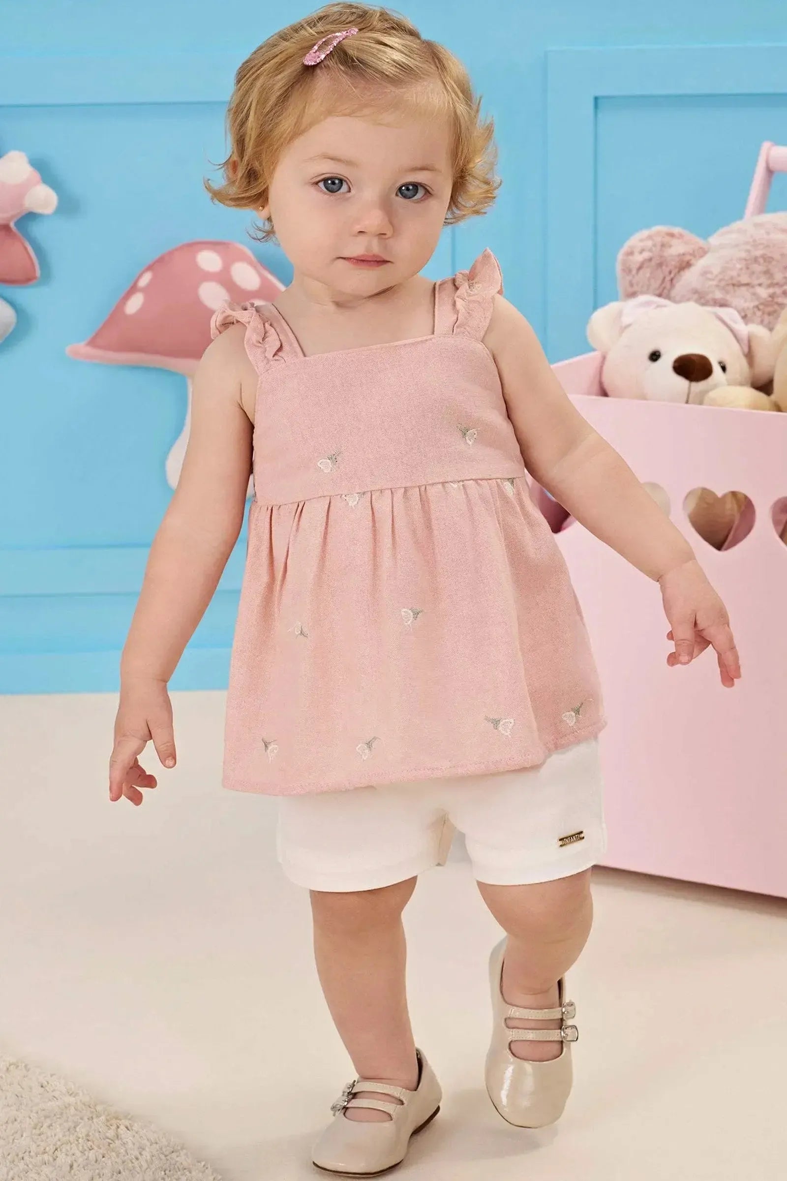 Conjunto de Bata em Linho Bordado Flores e Shorts em Sarja com Elastano 83947 Infanti Bebê Menina