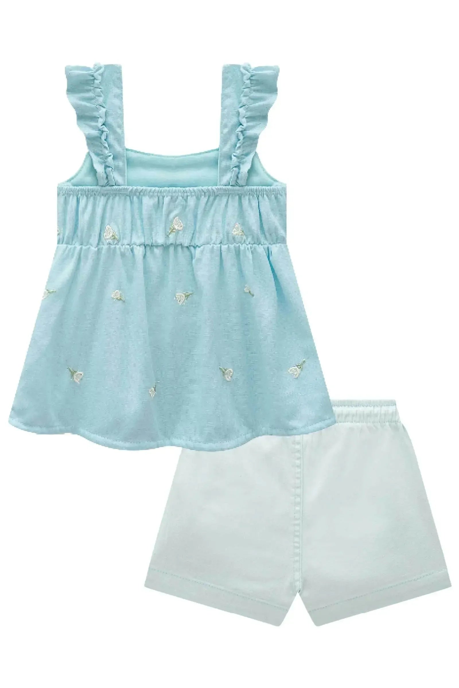 Conjunto de Bata em Linho Bordado Flores e Shorts em Sarja com Elastano 83947 Infanti Bebê Menina