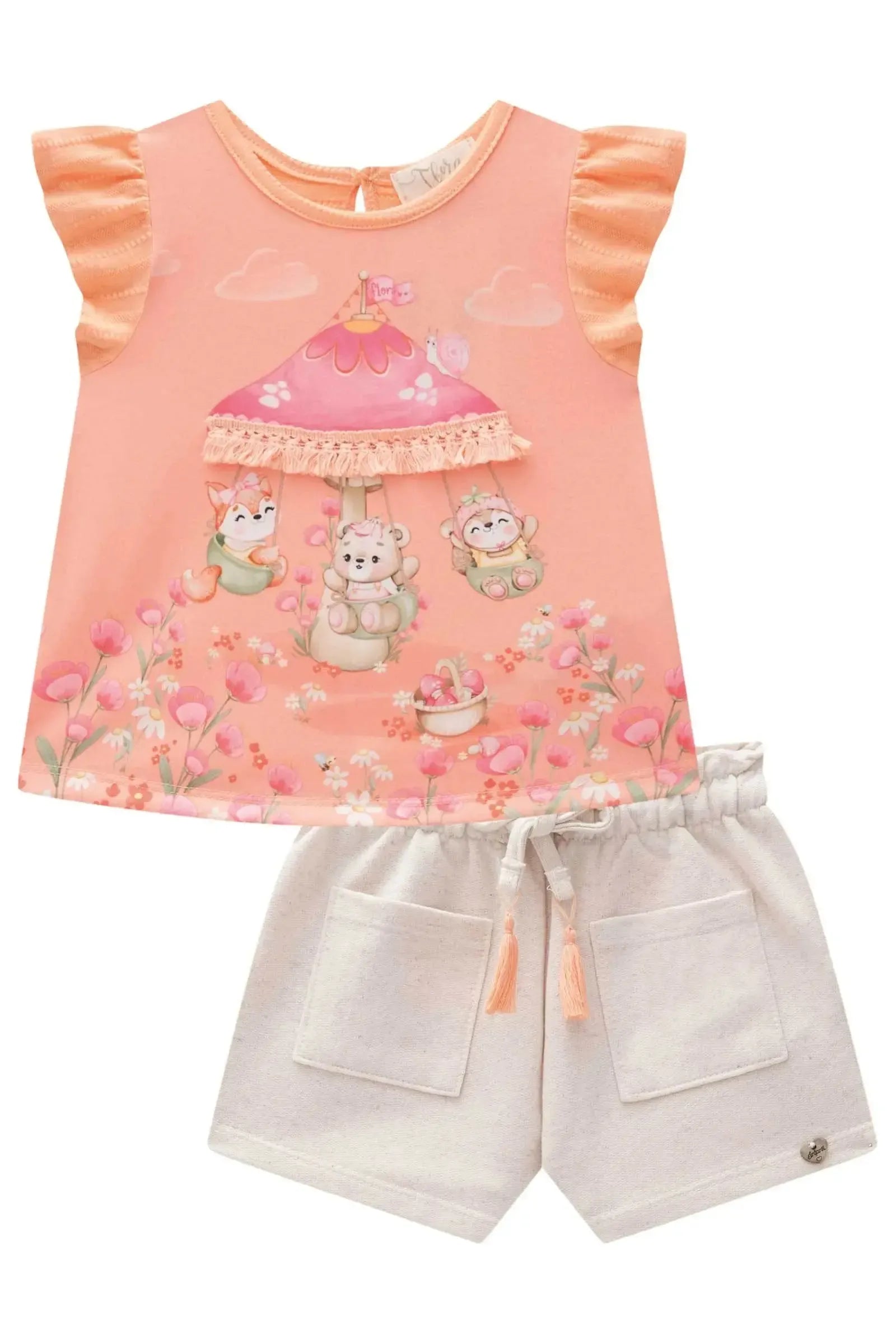 Conjunto de Bata em Malha Textura com Shorts em Moletom sem Pelúcia 83160 Infanti Bebê Menina