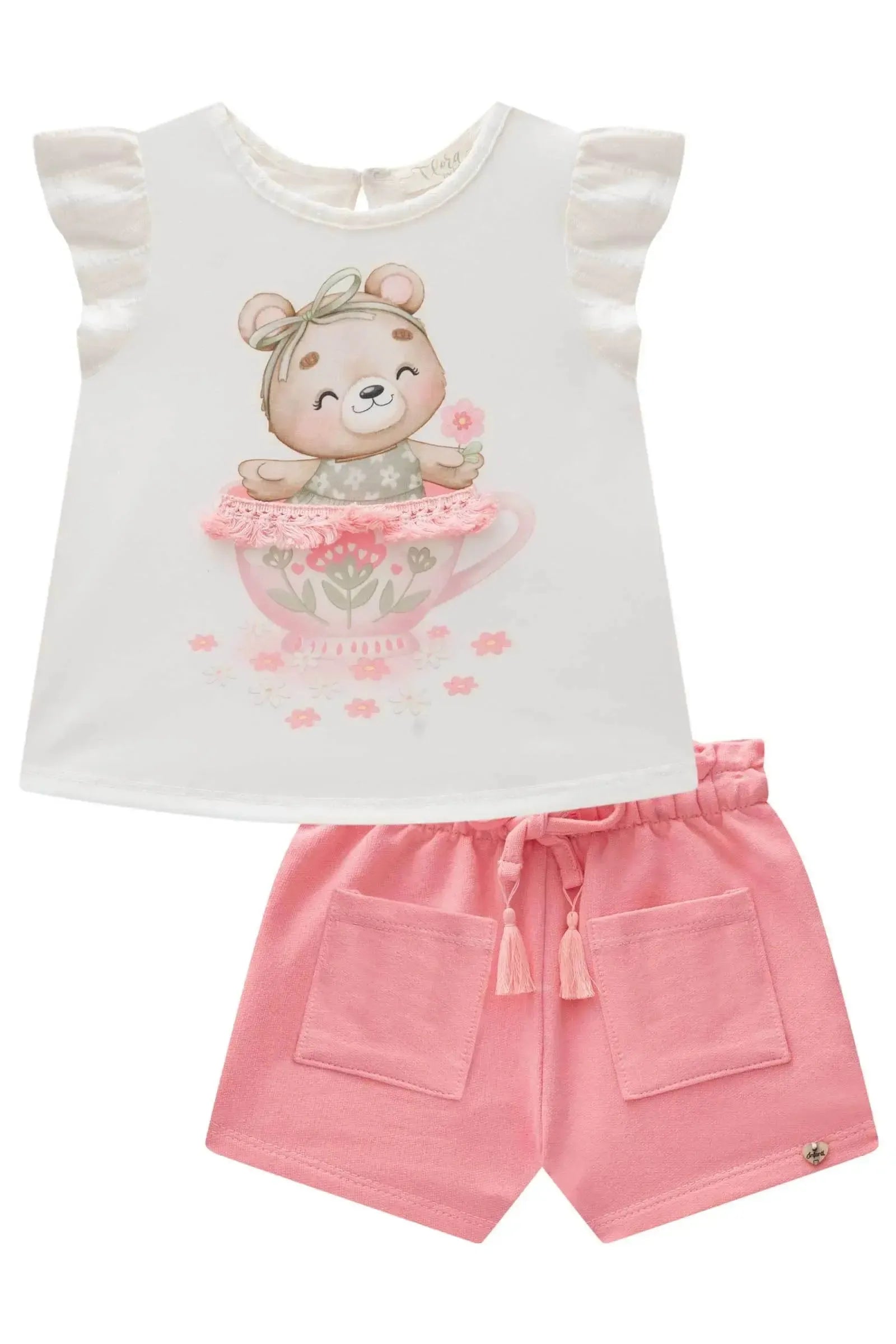 Conjunto de Bata em Malha Textura com Shorts em Moletom sem Pelúcia 83160 Infanti Bebê Menina