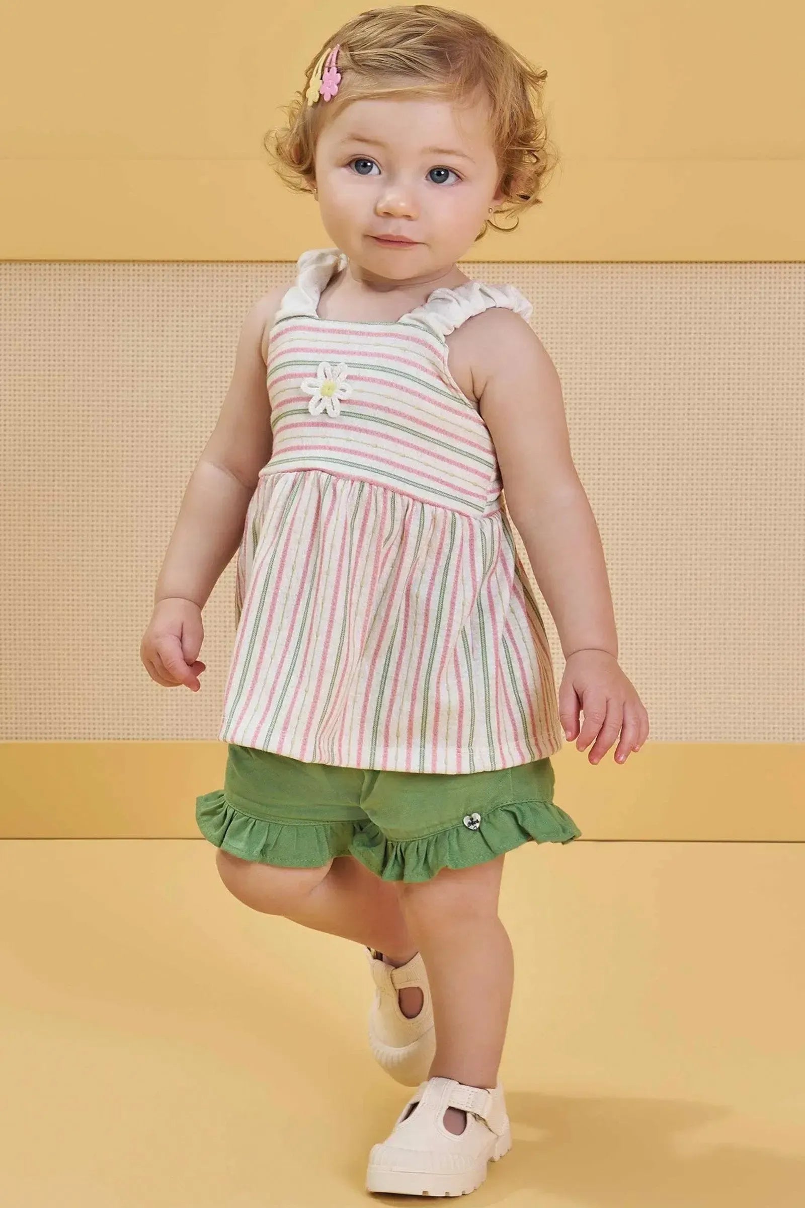 Conjunto de Bata em Malha Wave com Shorts em Viscose 83445 Infanti Bebê Menina