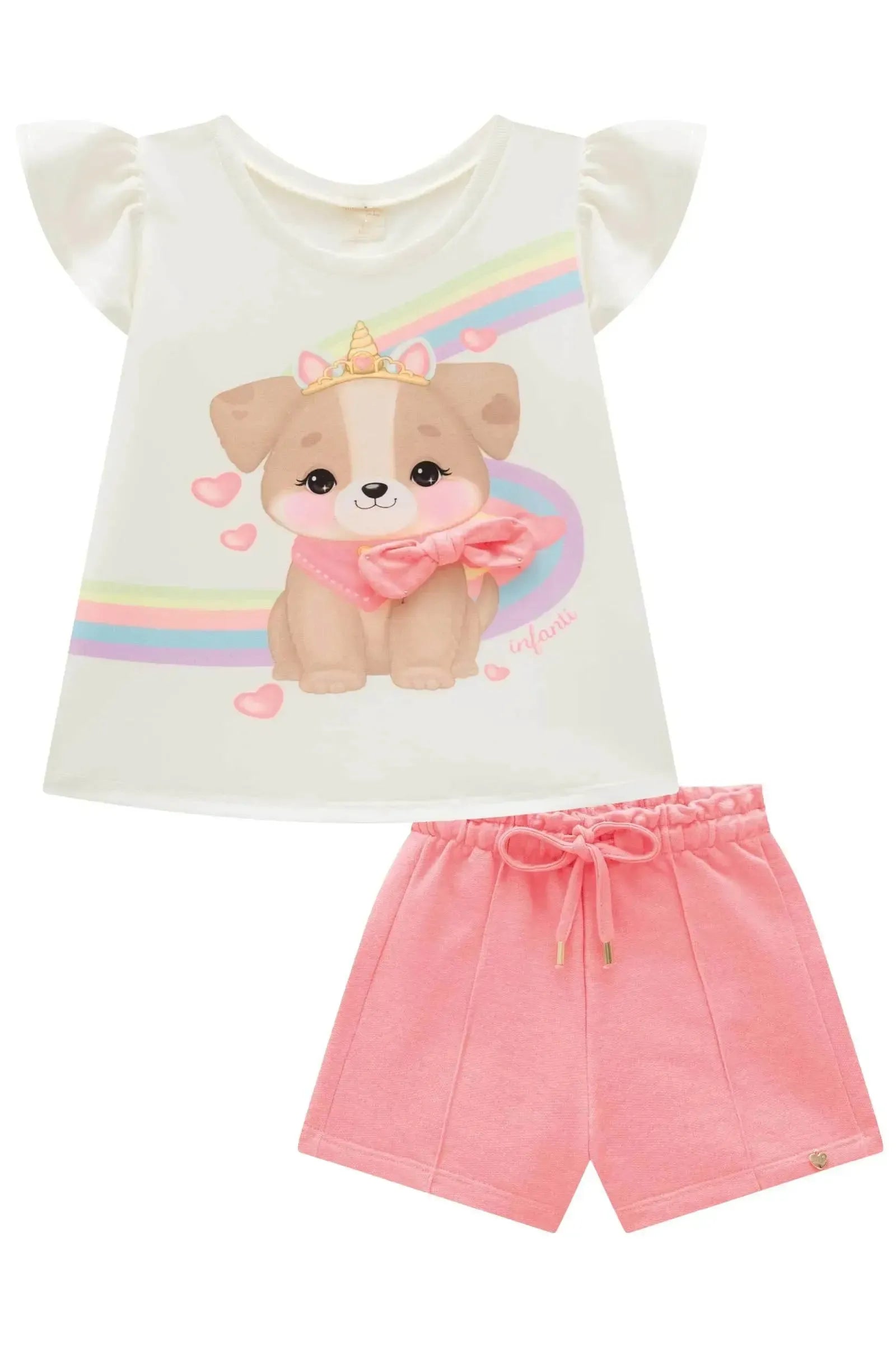 Conjunto de Bata em Meia Malha com Shorts em Moletom sem Pelúcia 94656 Infanti Infantil Menina