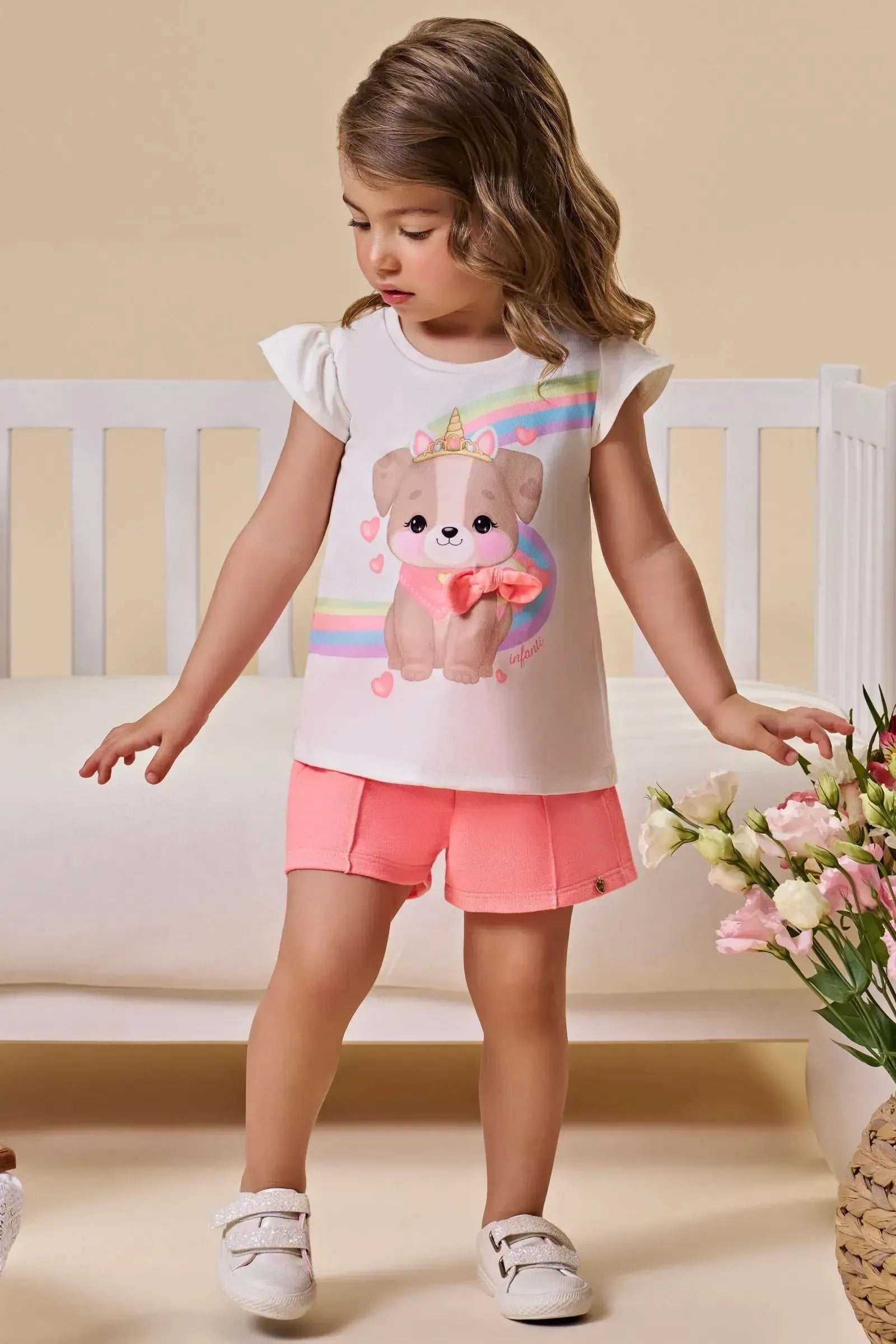 Conjunto de Bata em Meia Malha com Shorts em Moletom sem Pelúcia 94656 Infanti Infantil Menina
