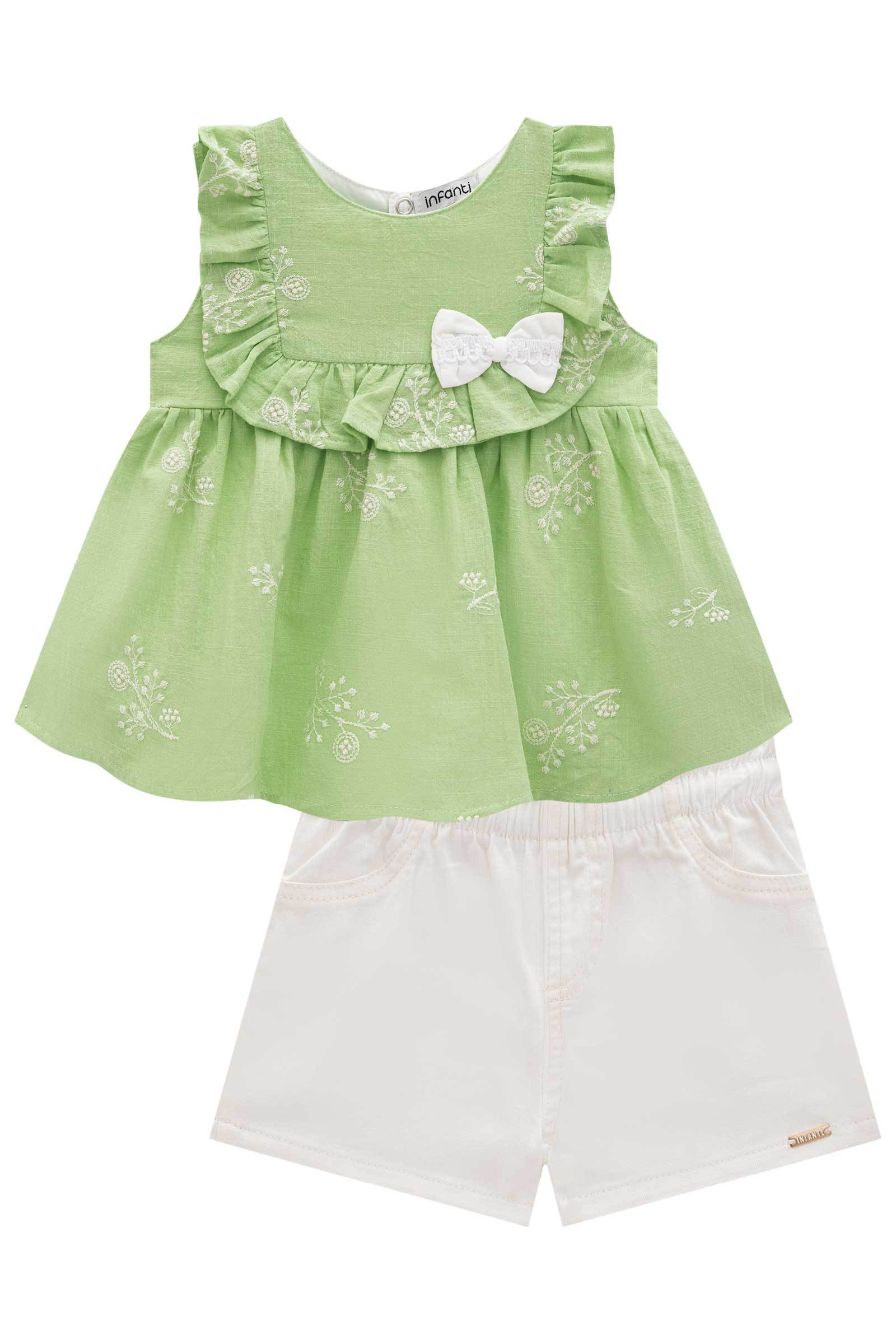 Conjunto de Bata em Tricoline Bordado com Shorts em Sarja Onix com Elastano 78223 Infanti