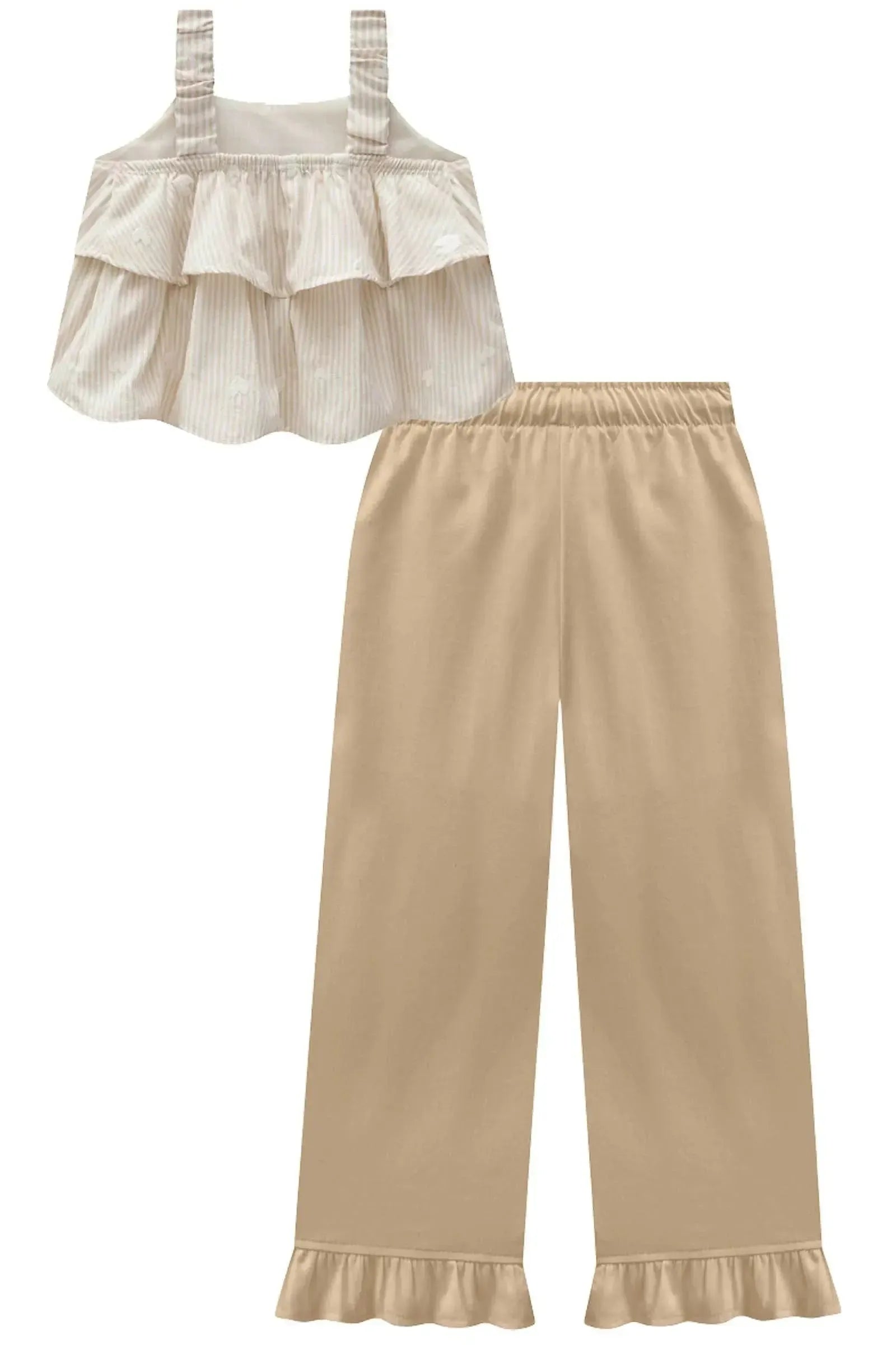 Conjunto de Bata em Tricoline Bordado e Calça Mariner em Sarja com Elastano 97090 Infanti Infantil Menina