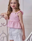 Conjunto de Bata em Tricoline Bordado Flores com Shorts em Sarja com Elastano 98906 Infanti Infantil Menina